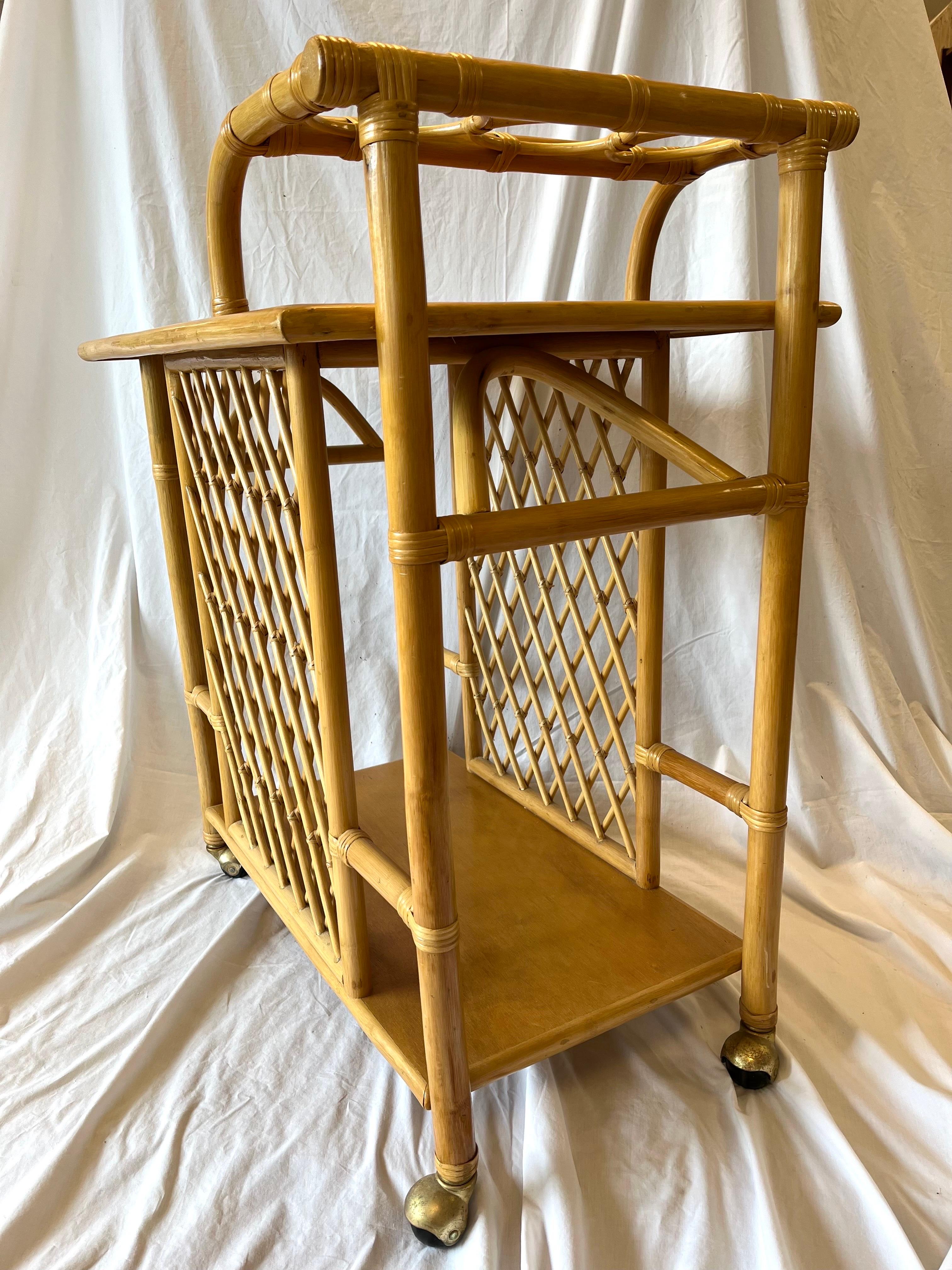 Mid Century Bamboo Bar Cart or Trolley with Trellis Design Three Bottle Handle 3