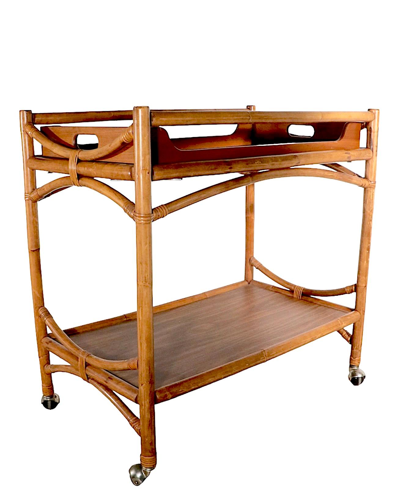 Mid-Century Bamboo Bar Serving Tea Cart with Removable Serving Tray, 1950/1960s For Sale 4