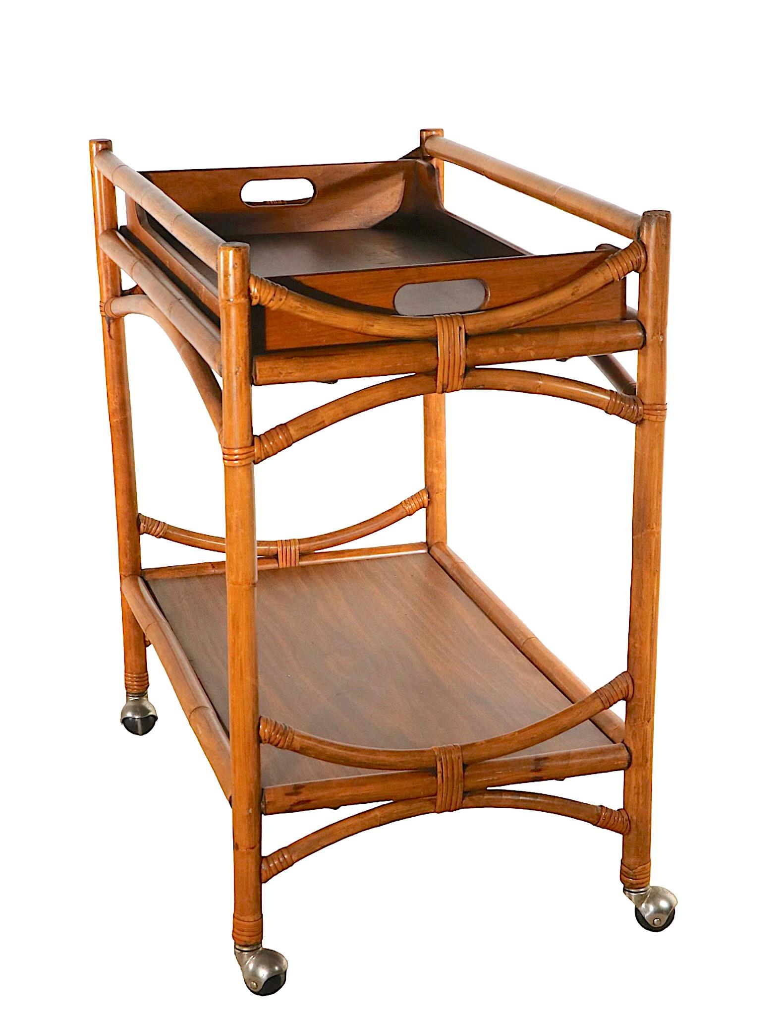 Mid-Century Bamboo Bar Serving Tea Cart with Removable Serving Tray, 1950/1960s For Sale 1