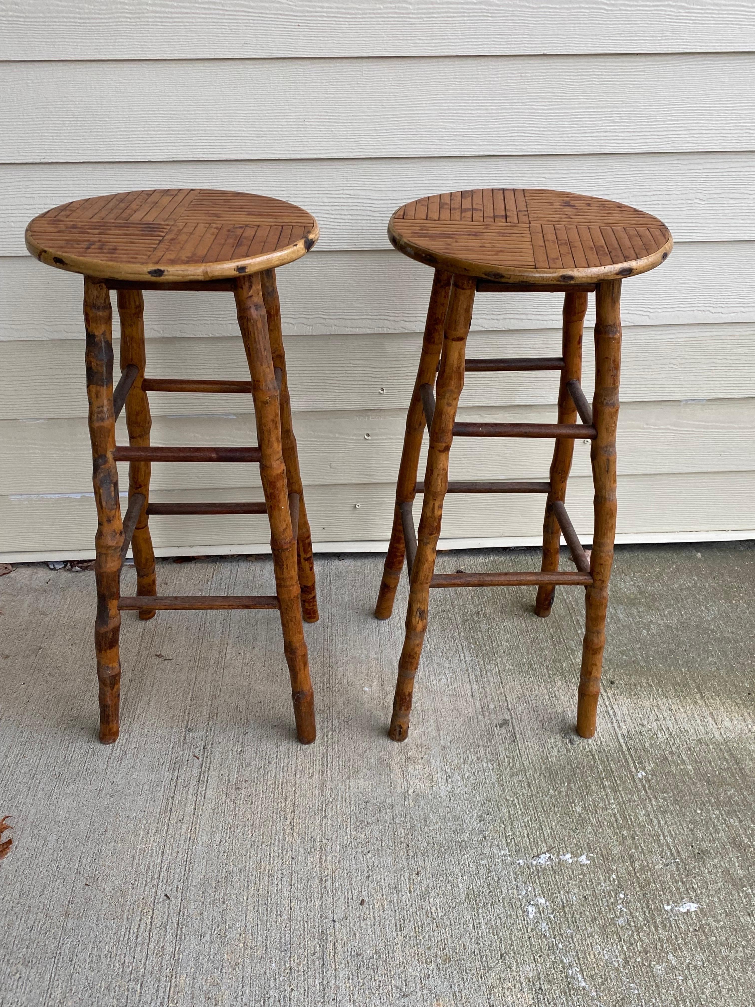 Mid-century Bamboo Bar Stools
Solid bamboo stools in tortoise shell finish with parquet design seat for bar height use.
Overall good condition. Age and wear consistent with age and use.

14.5