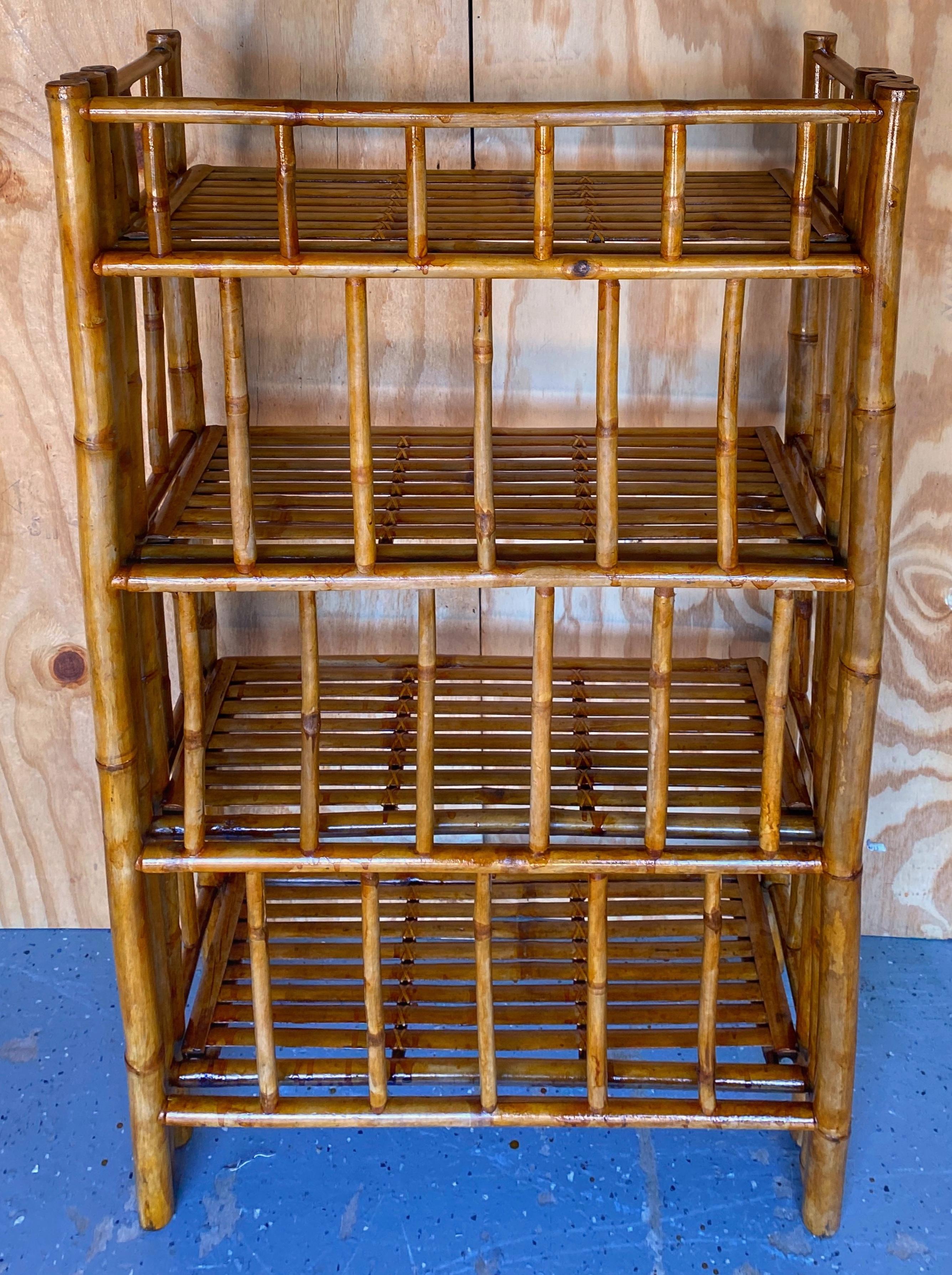 Mid Century Bamboo Campaign Style Four Tier Etagere /Shelf In Good Condition For Sale In West Palm Beach, FL