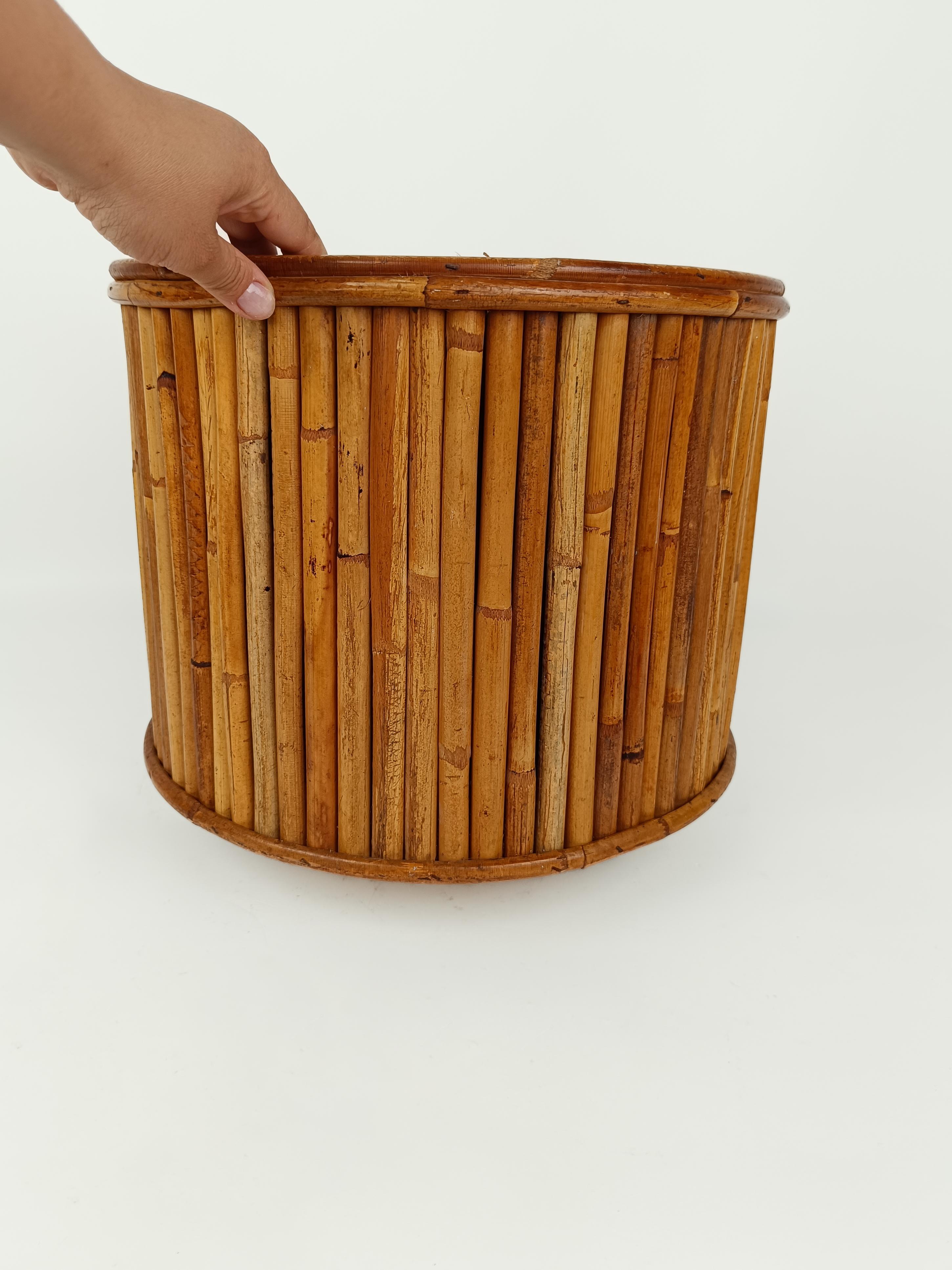 MId Century Bamboo, Cane and Rattan Cachepot Vase Plant Holder , Italy 1970s 5