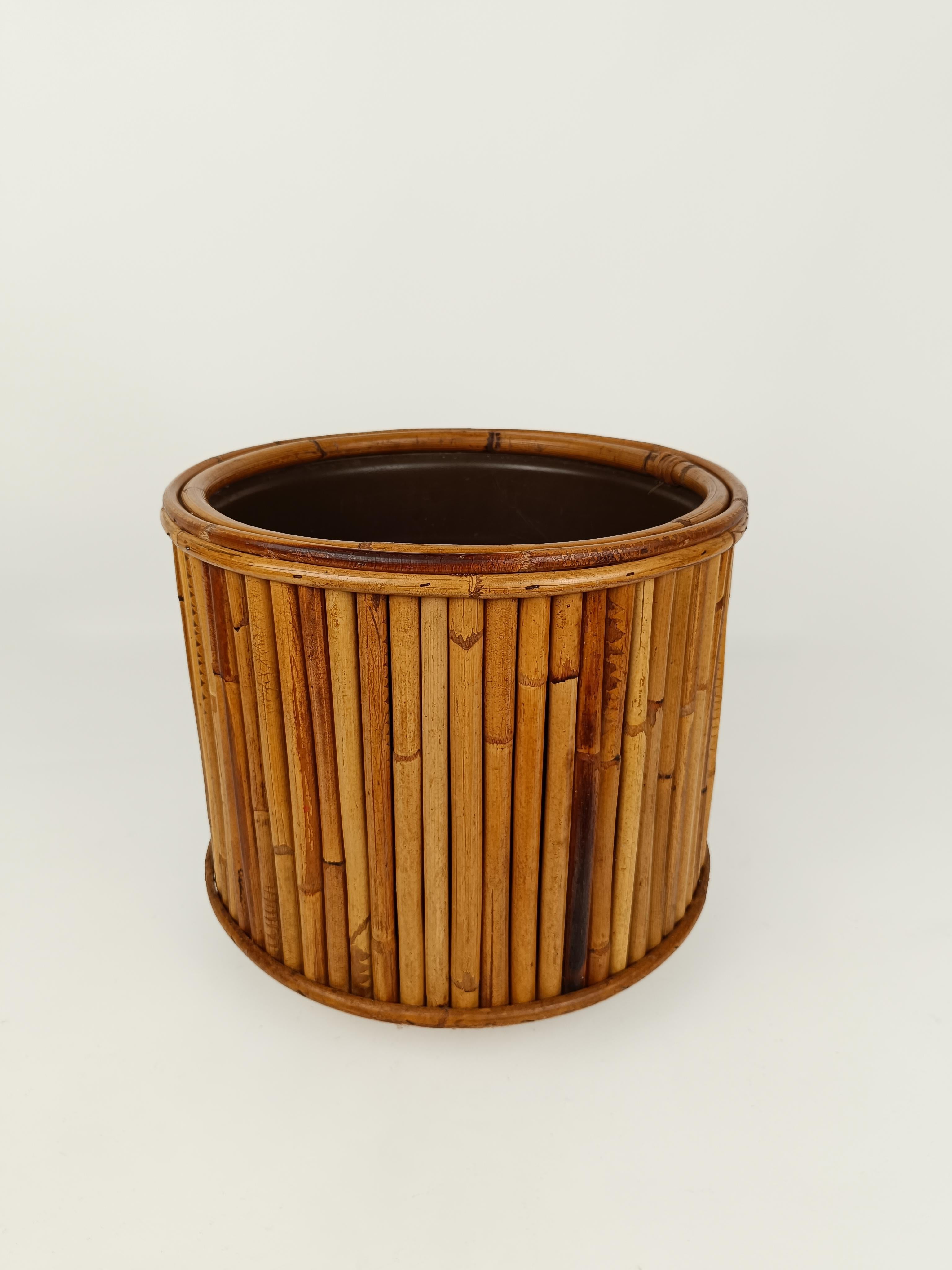 Italian MId Century Bamboo, Cane and Rattan Cachepot Vase Plant Holder , Italy 1970s For Sale