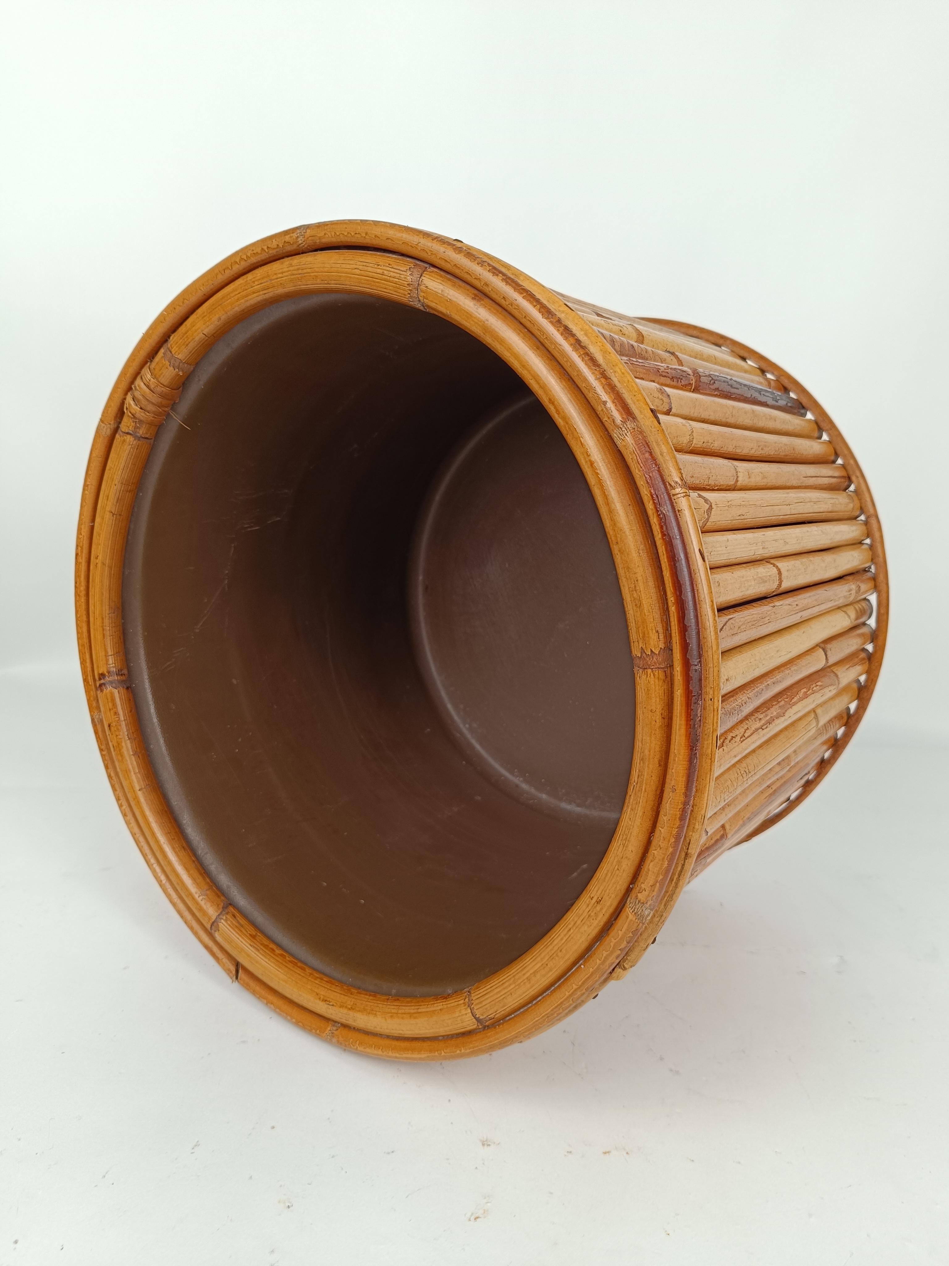 MId Century Bamboo, Cane and Rattan Cachepot Vase Plant Holder , Italy 1970s For Sale 1