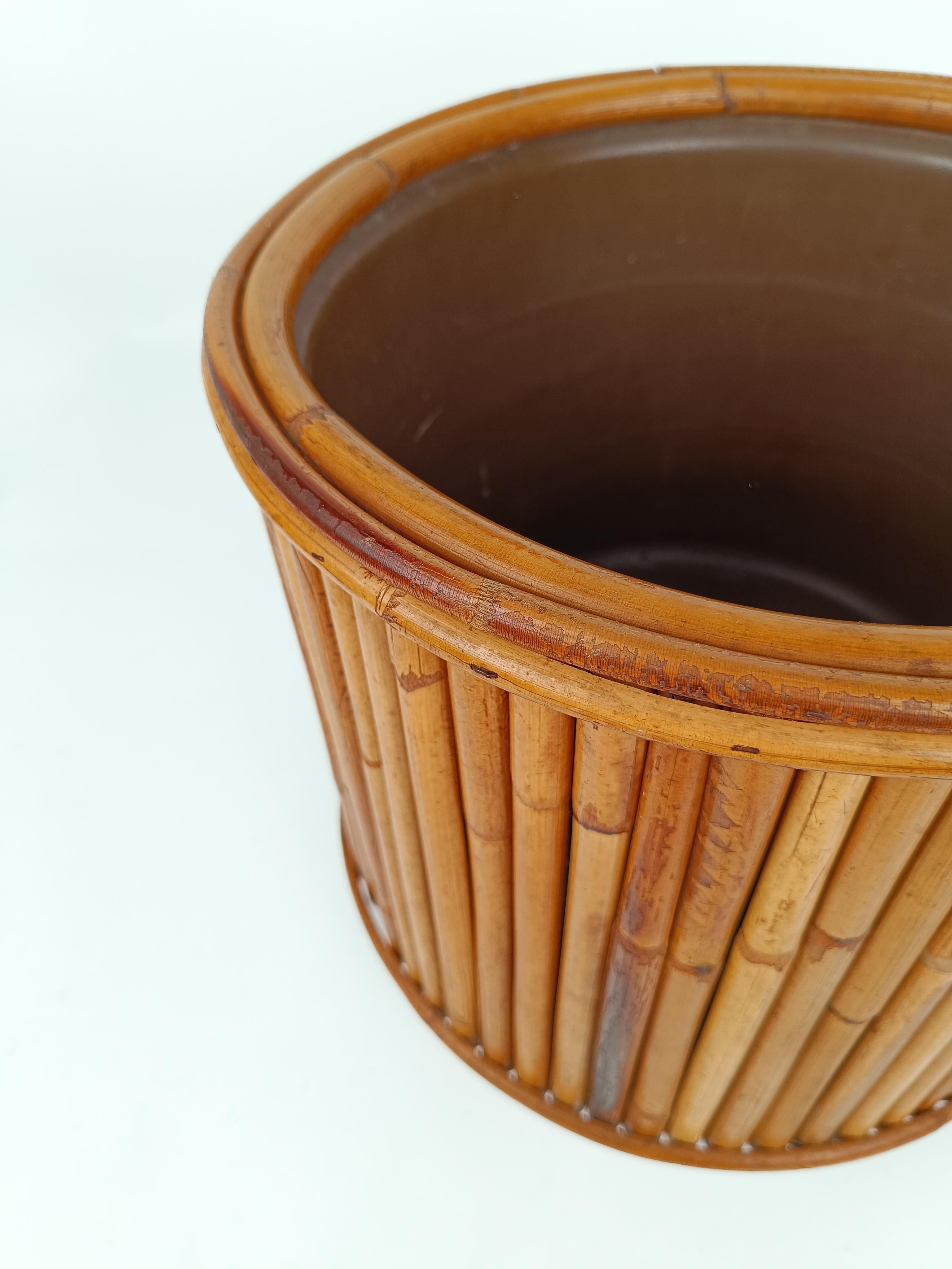 MId Century Bamboo, Cane and Rattan Cachepot Vase Plant Holder , Italy 1970s 2