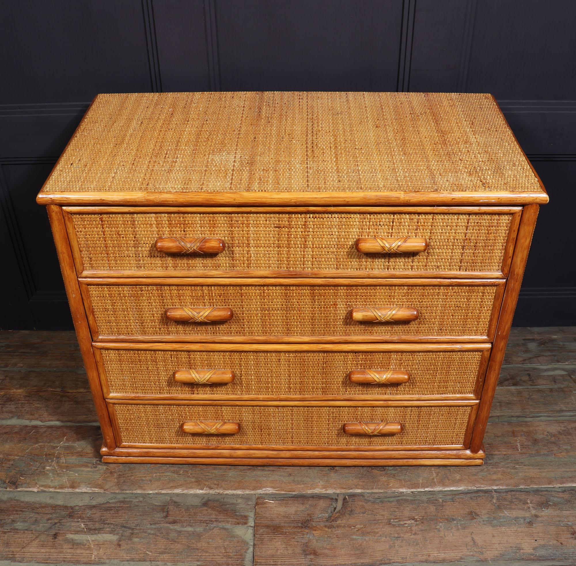 VINTAGE BAMBOO CHEST OF DRAWERS
A French design bamboo and rattan chest produced around 1970 with four long drawers faux bamboo surrounds, inset woven rattan, solid wood handles with crossed rattan detail, the drawers run smoothly as the should and