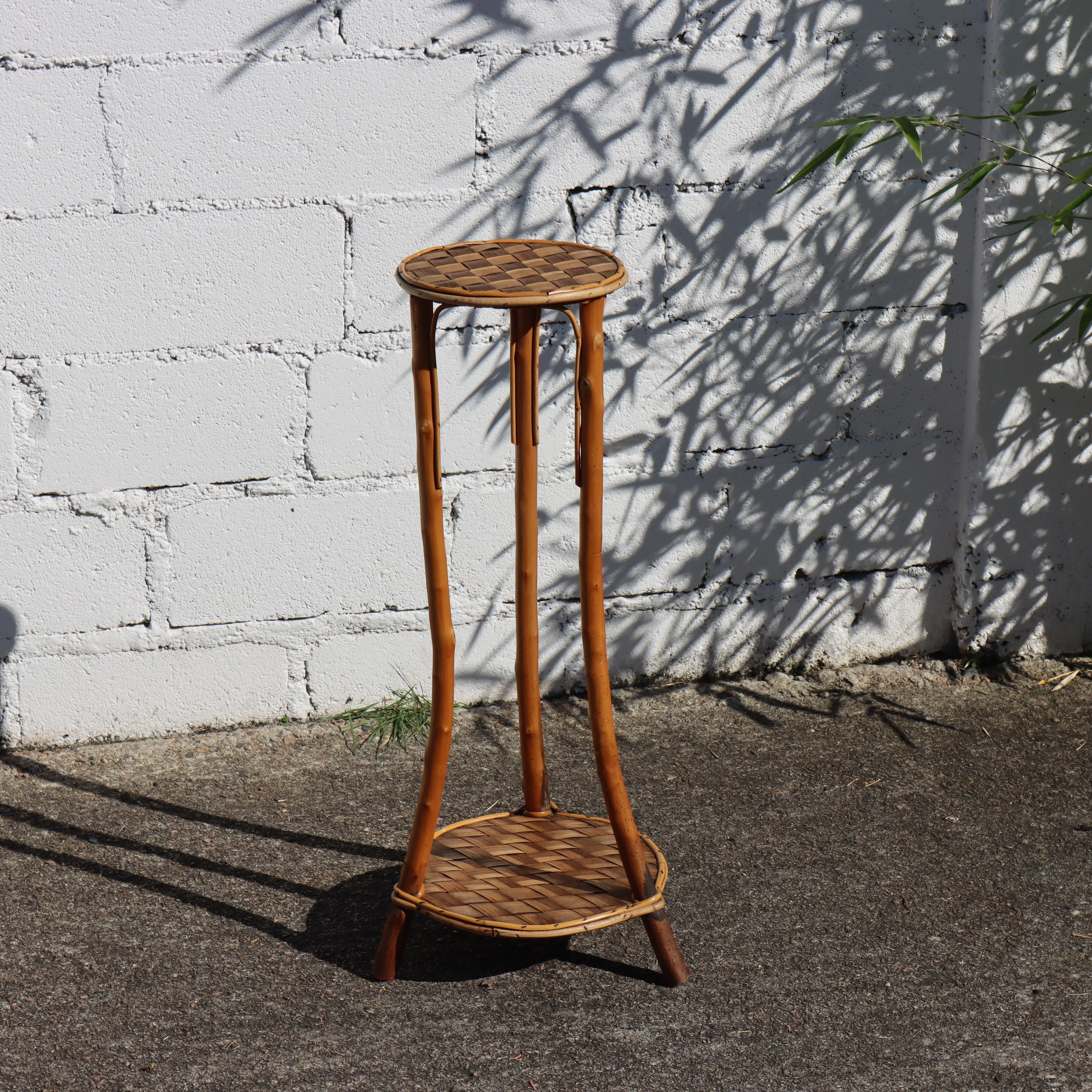 French Mid-Century Bamboo - Chestnut Stool - Bamboo Wicker Console-60s