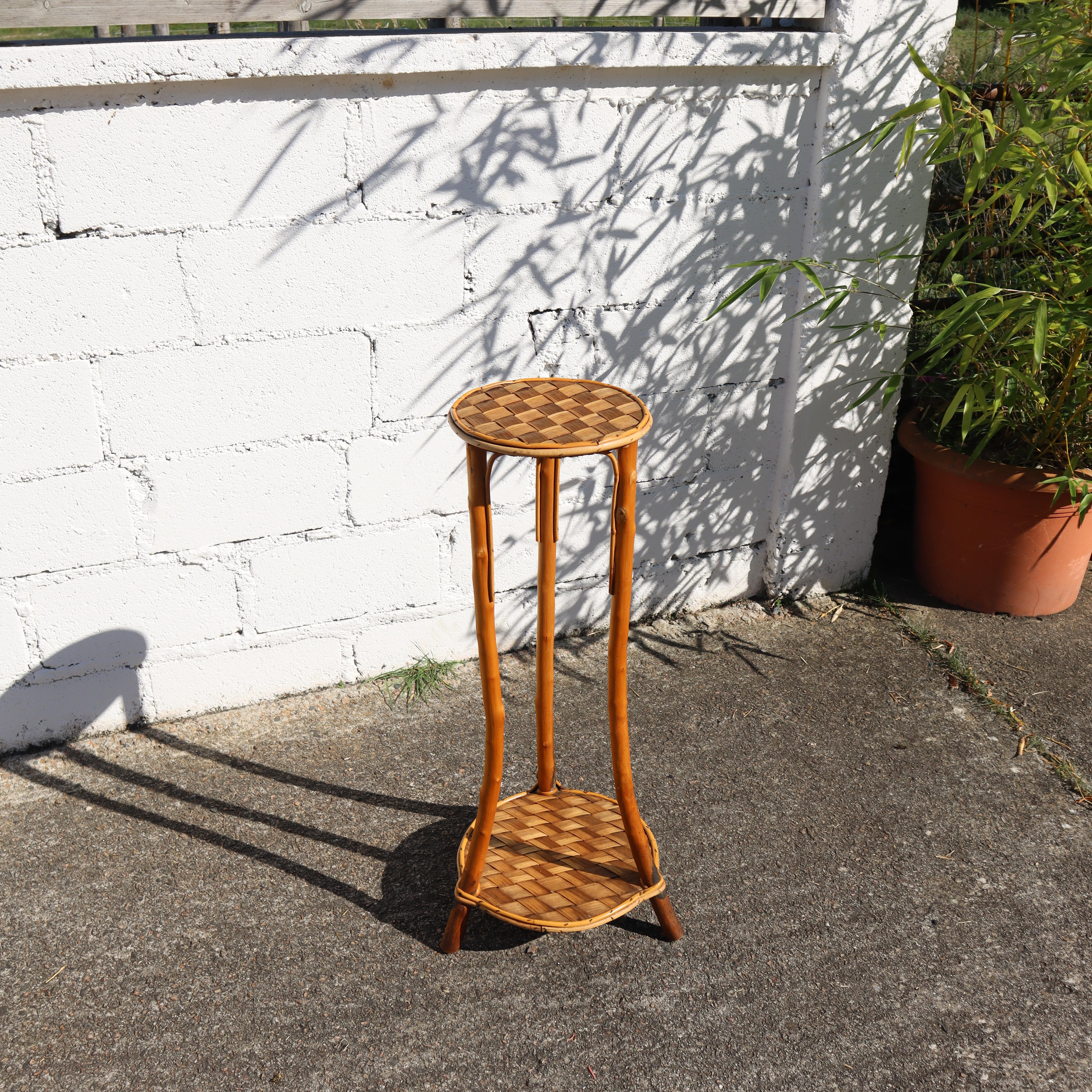 Mid-Century Bamboo - Chestnut Stool - Bamboo Wicker Console-60s In Good Condition In Bussiere Dunoise, Nouvel Aquitaine
