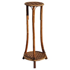 Mid-Century Bamboo - Chestnut Stool - Bamboo Wicker Console-60s