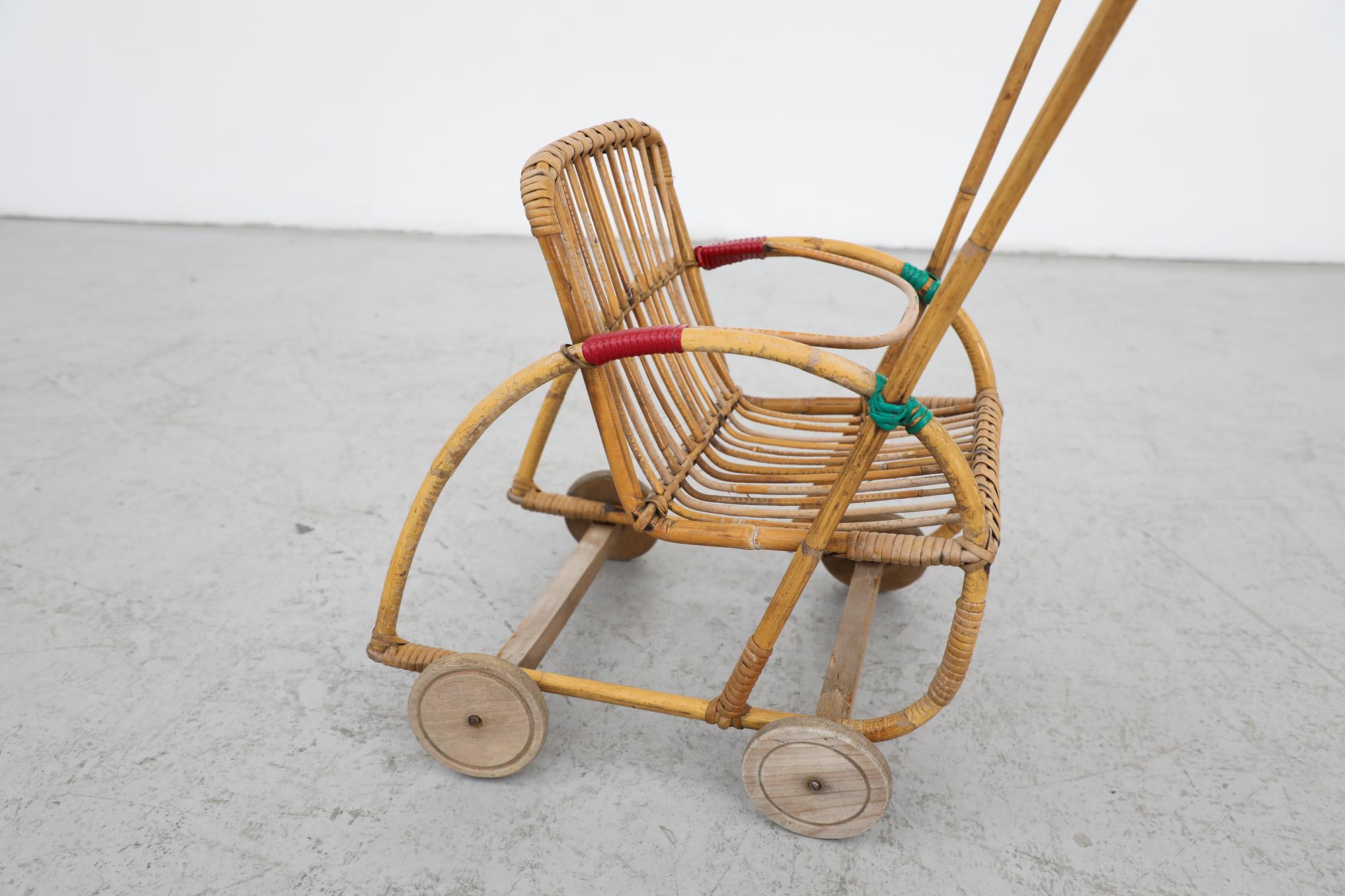 Mid-Century Bamboo Children's Baby Doll Stroller For Sale 4