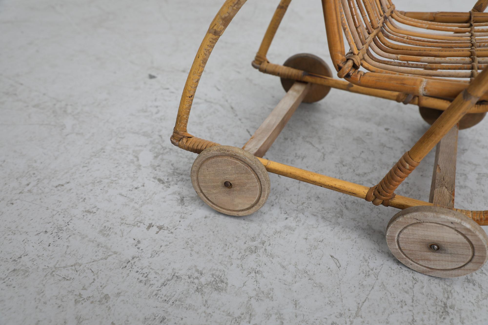 Mid-Century Bamboo Children's Baby Doll Stroller For Sale 6
