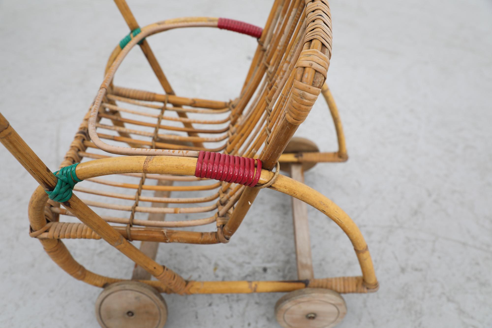 Mid-Century Bamboo Children's Baby Doll Stroller For Sale 7