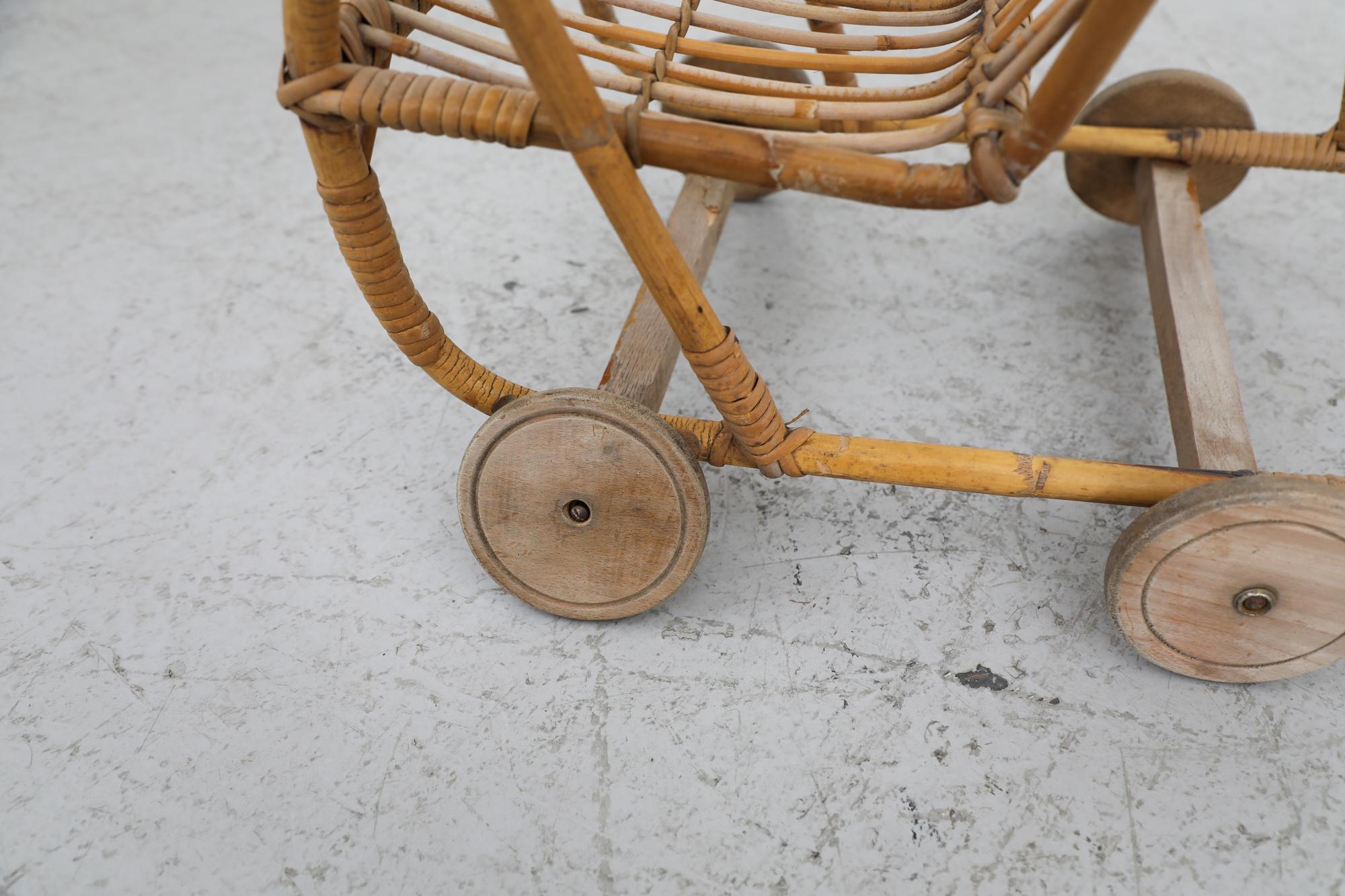 Mid-Century Bamboo Children's Baby Doll Stroller For Sale 8