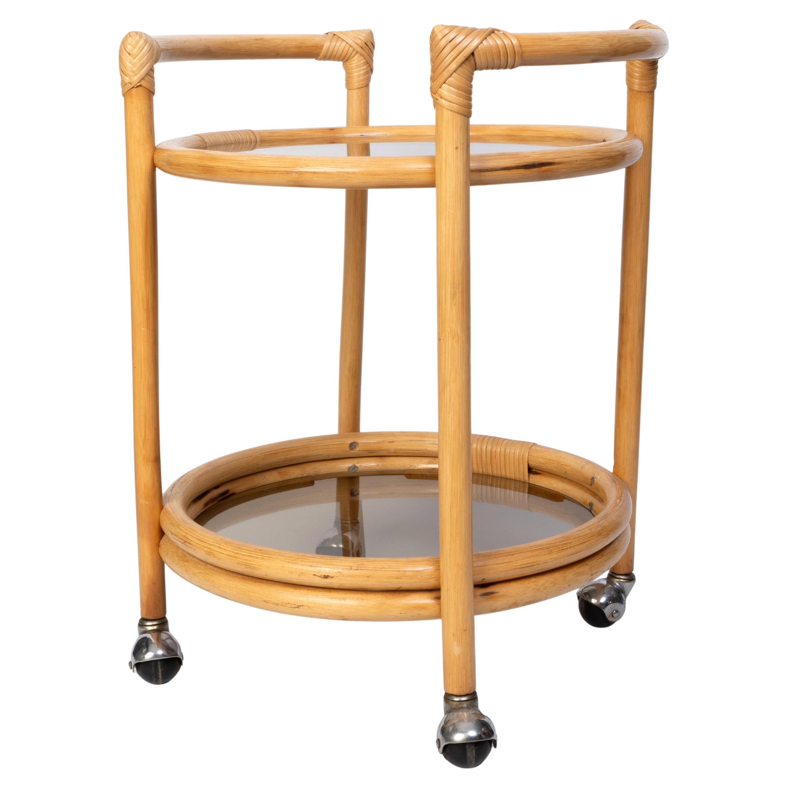 Mid Century Bamboo Circular Bar Cart Beistelltisch, Italien, C.1960