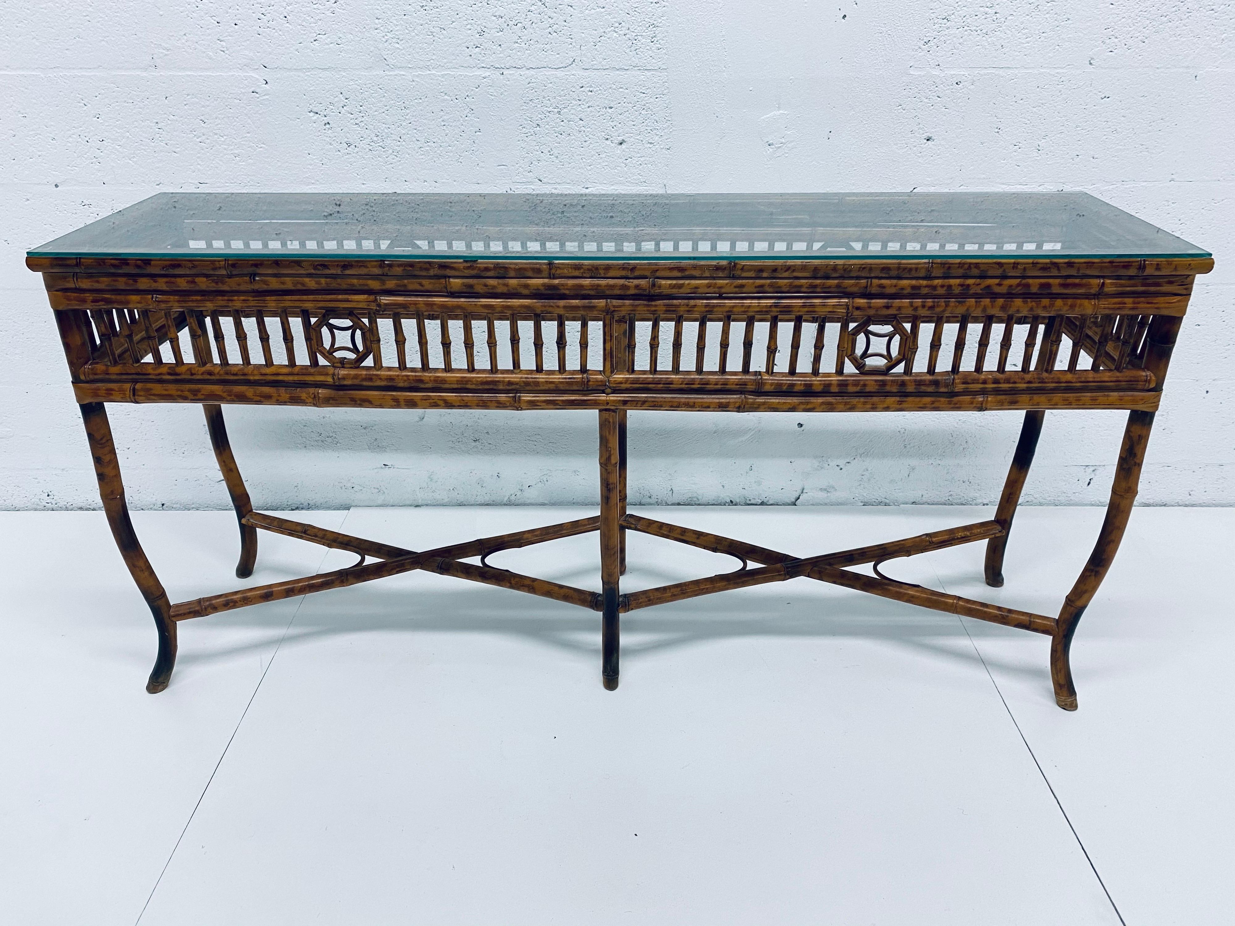 Midcentury Bamboo Console Table with Burnt Tortoise Finish and Glass Top 4