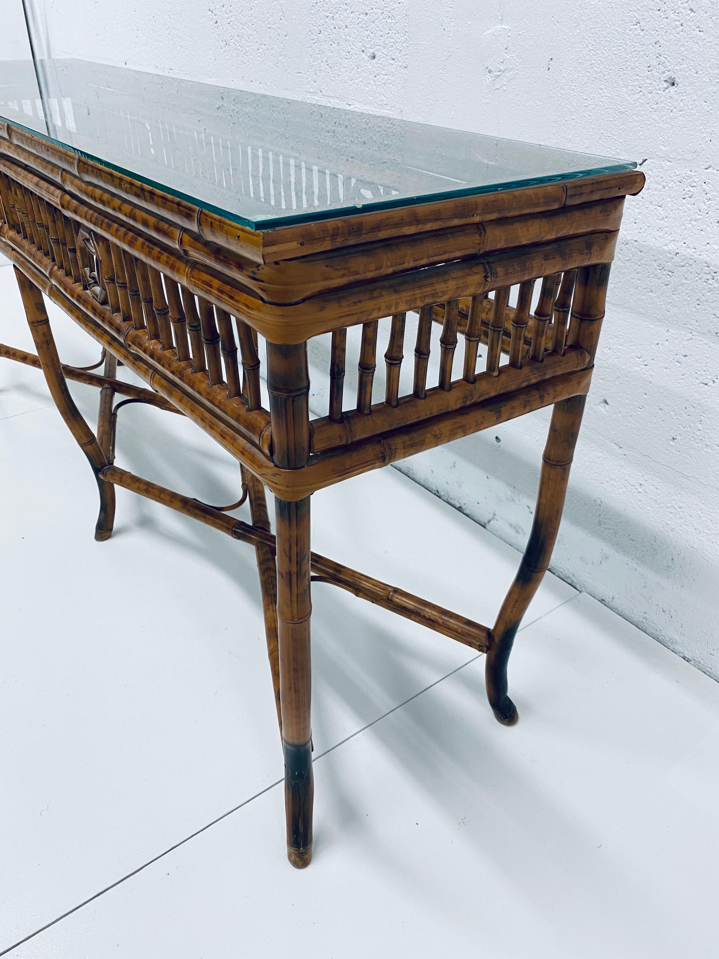 Midcentury Bamboo Console Table with Burnt Tortoise Finish and Glass Top 5