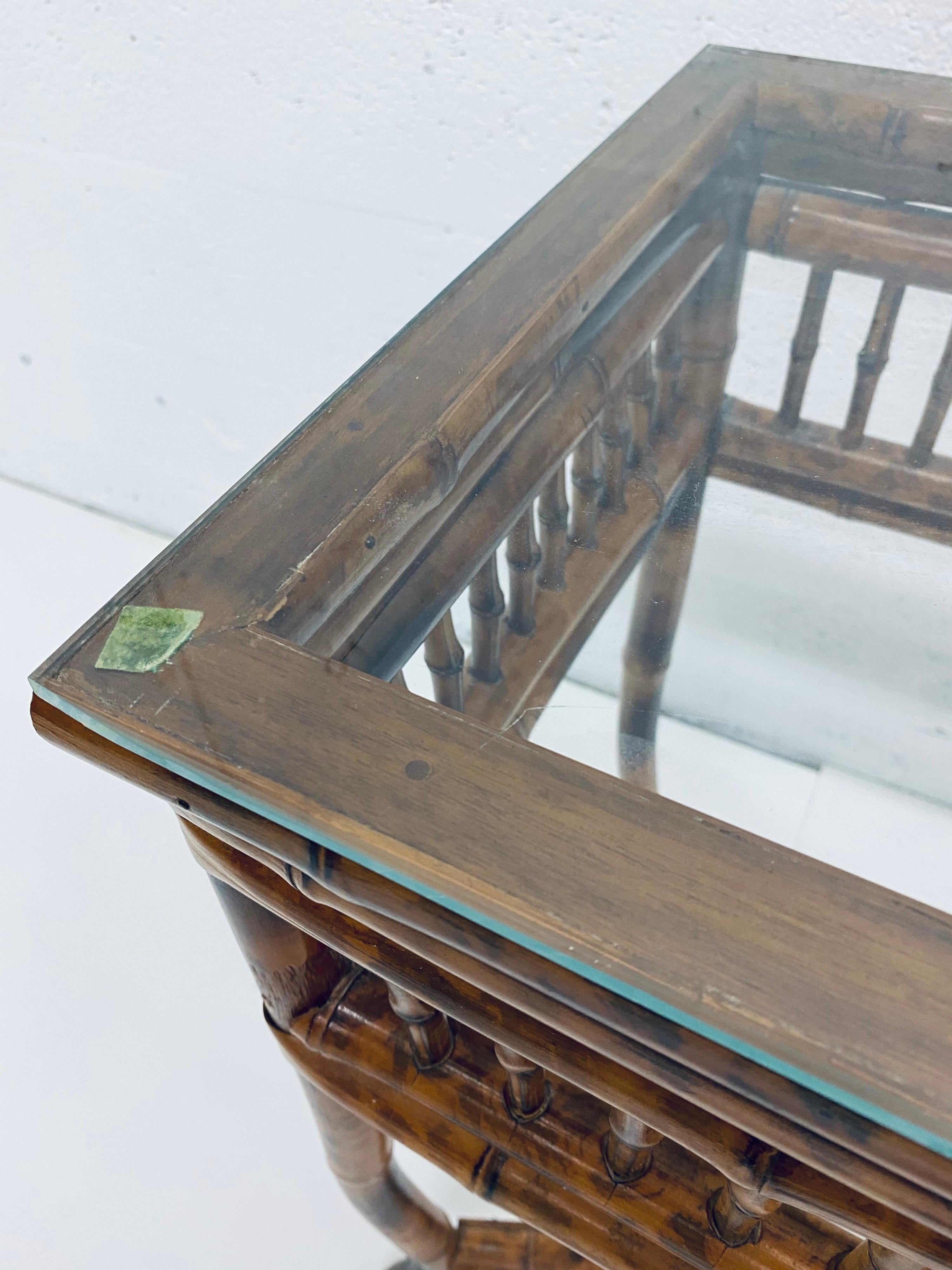 Midcentury Bamboo Console Table with Burnt Tortoise Finish and Glass Top 7