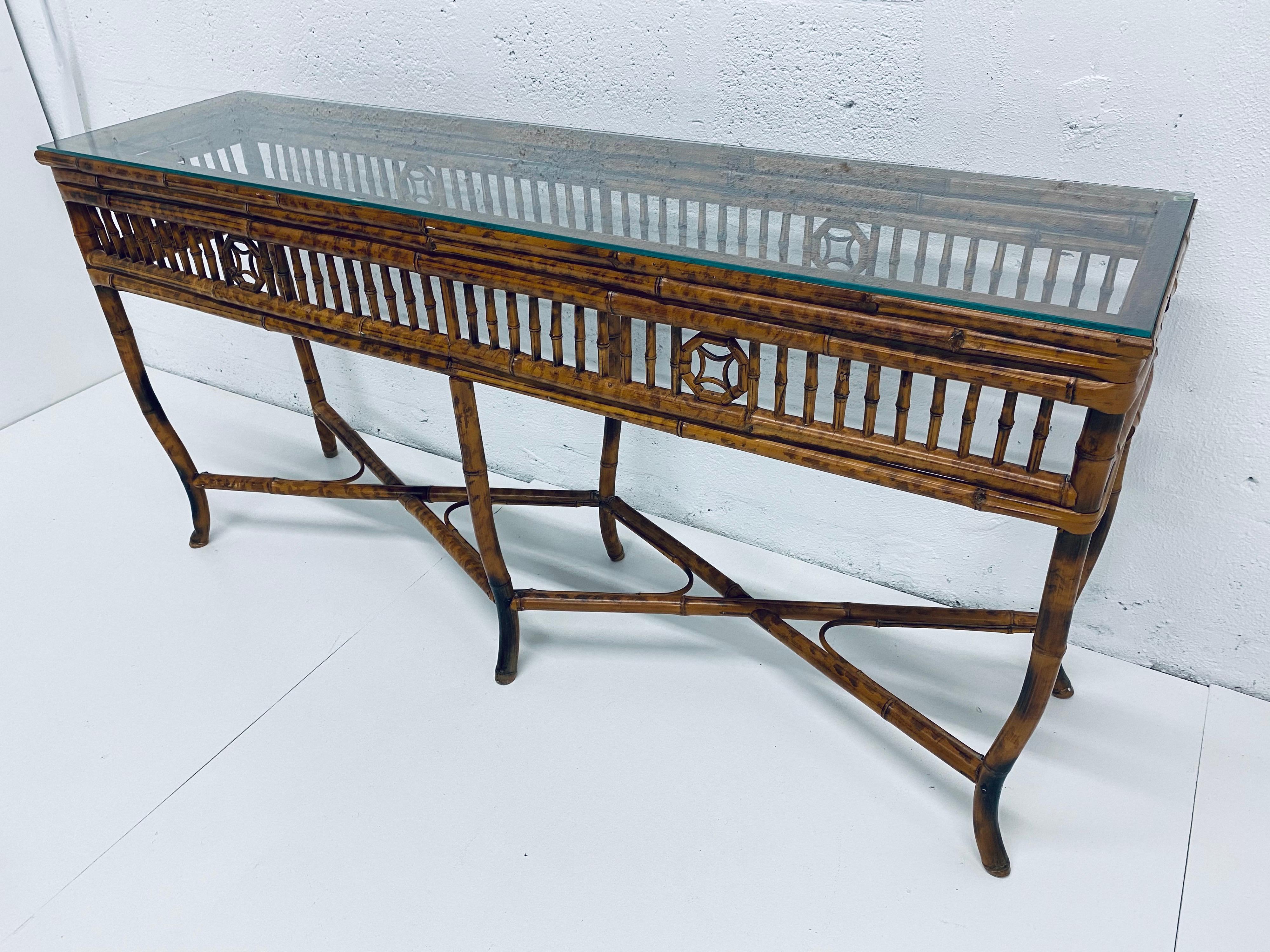 Mid-Century Modern Midcentury Bamboo Console Table with Burnt Tortoise Finish and Glass Top