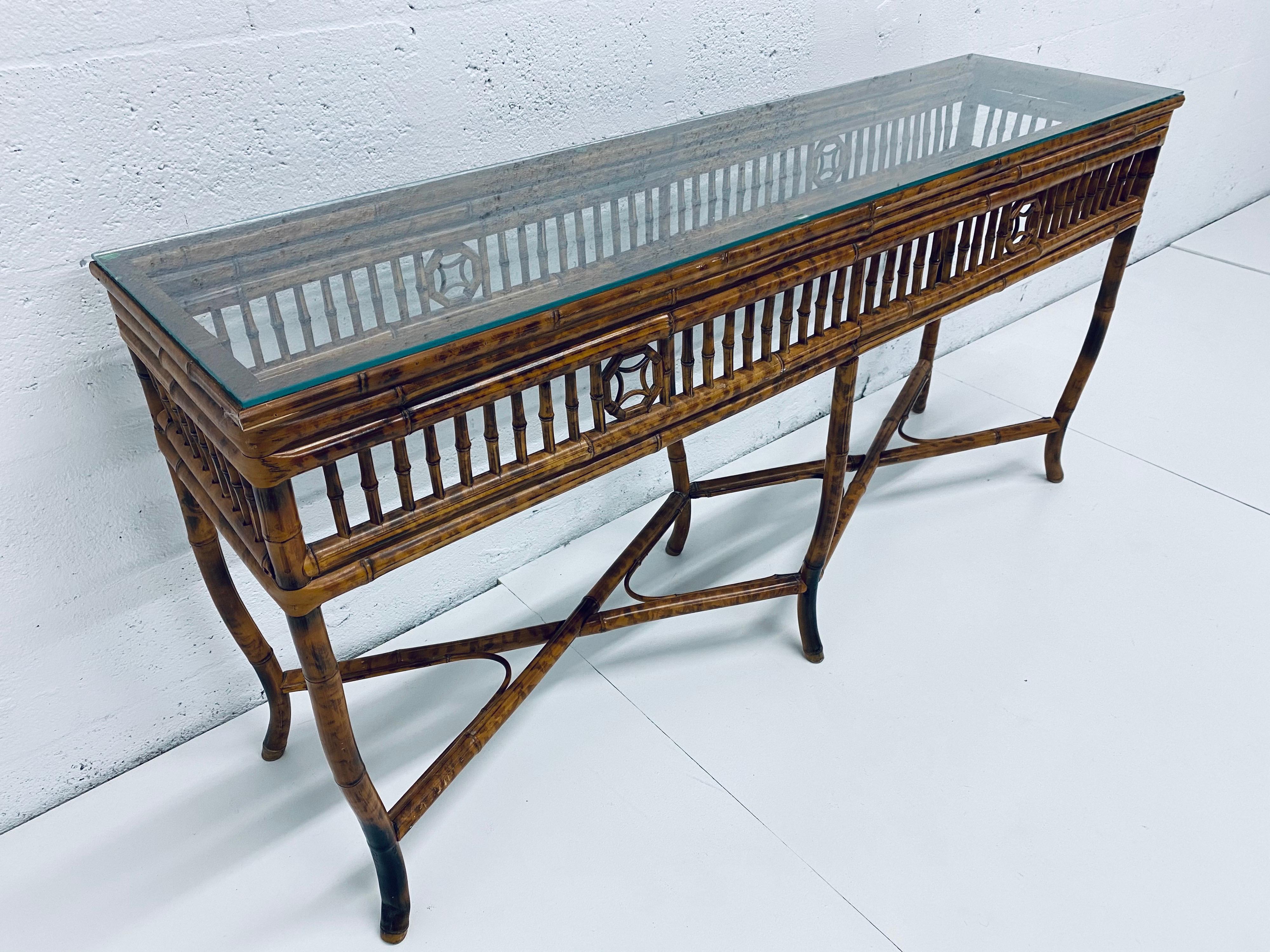 Philippine Midcentury Bamboo Console Table with Burnt Tortoise Finish and Glass Top