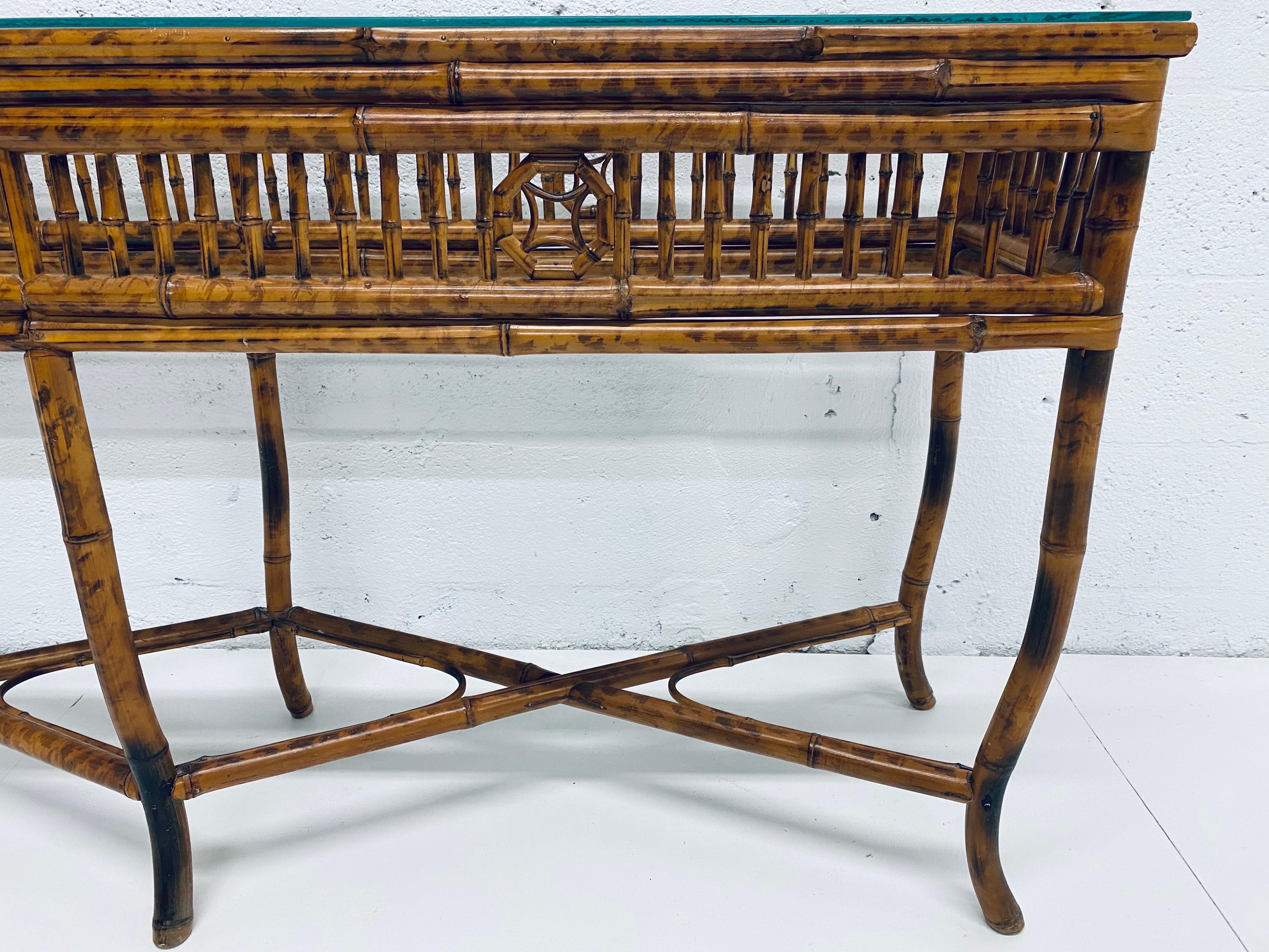 Late 20th Century Midcentury Bamboo Console Table with Burnt Tortoise Finish and Glass Top