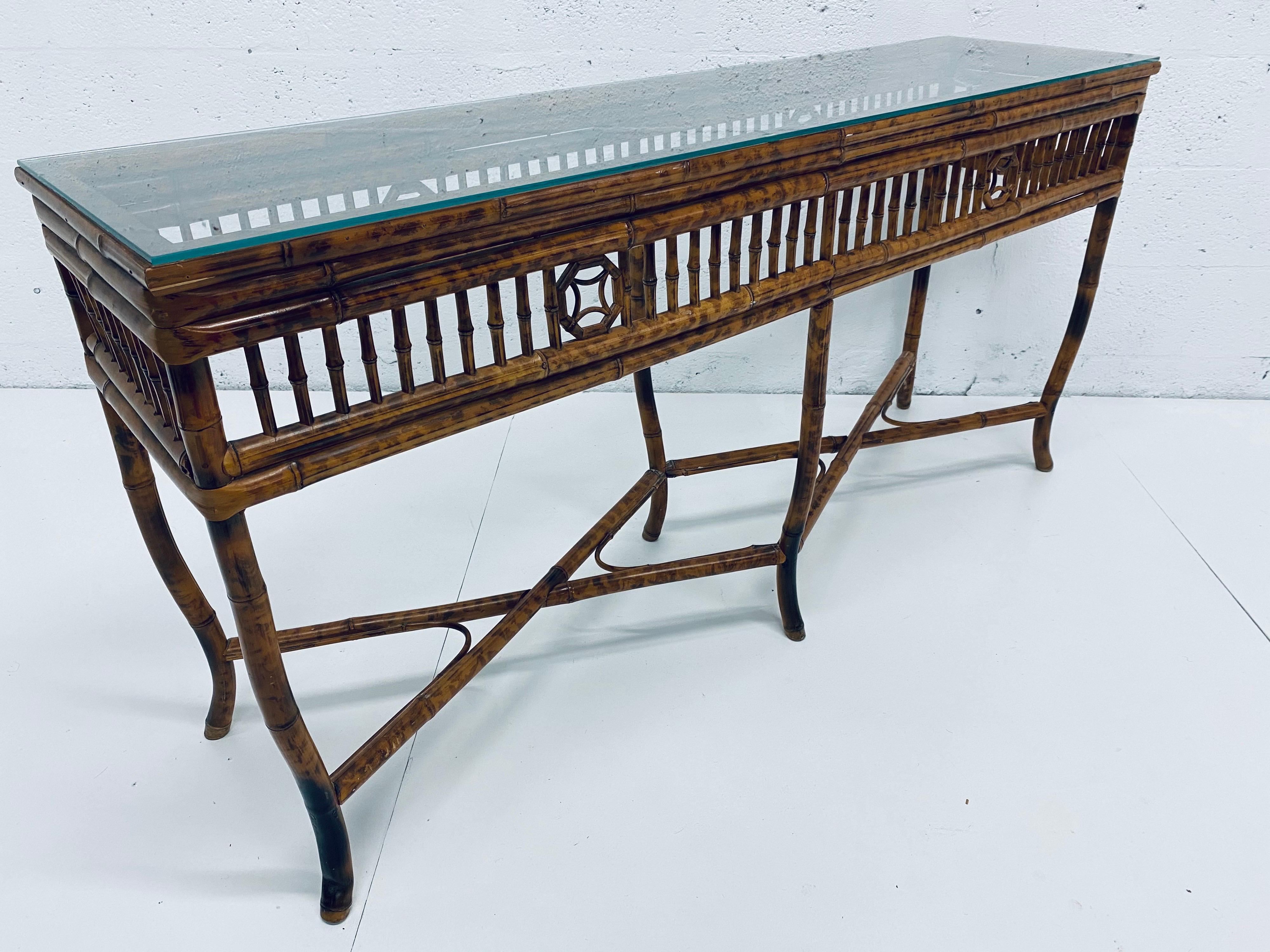 Midcentury Bamboo Console Table with Burnt Tortoise Finish and Glass Top 2