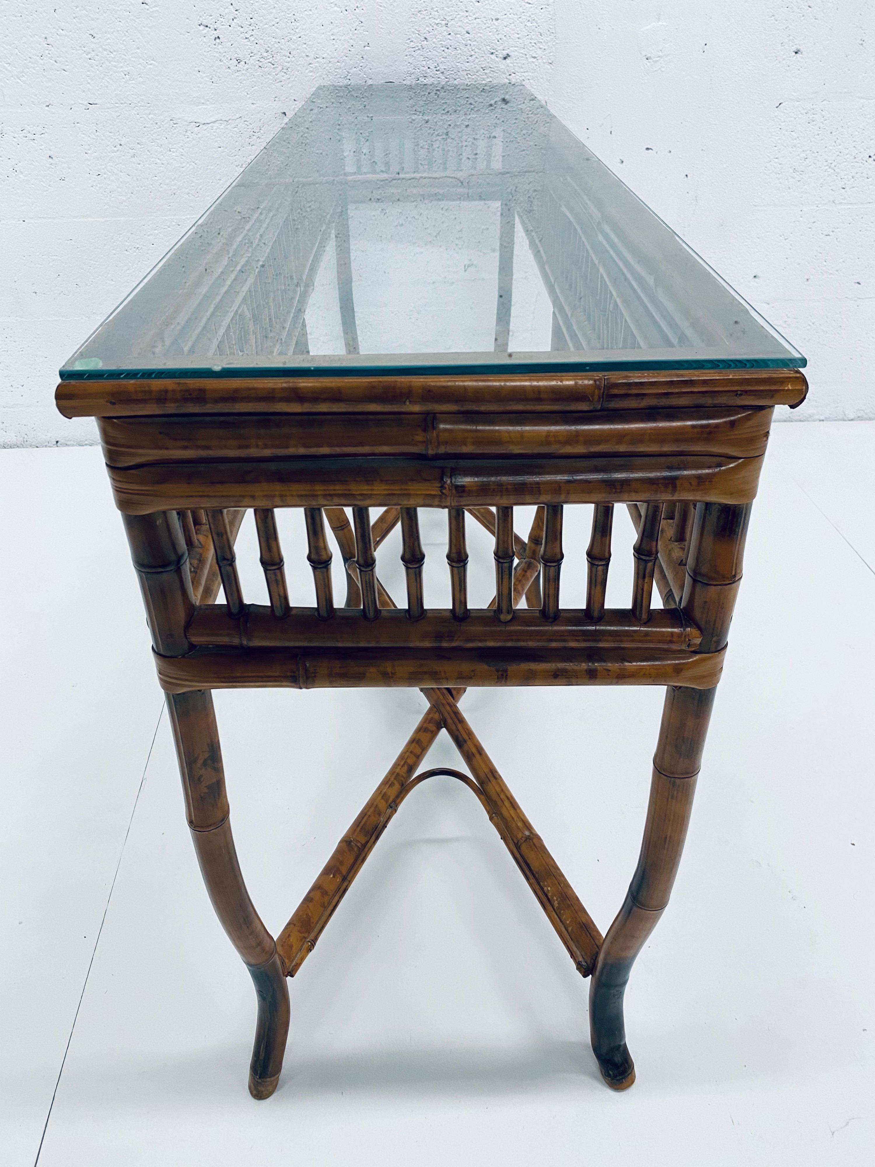 Midcentury Bamboo Console Table with Burnt Tortoise Finish and Glass Top 3