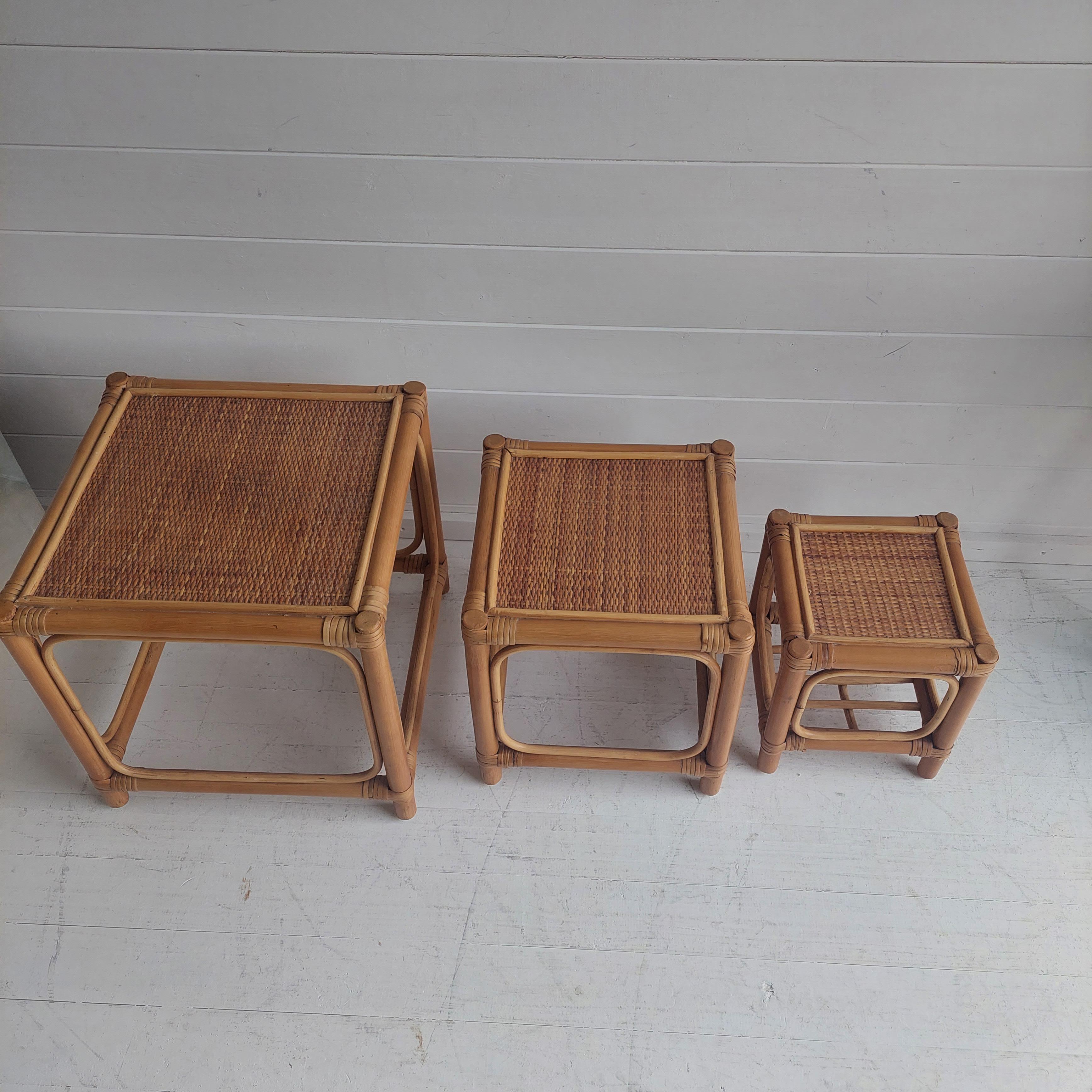 European Mid Century Bamboo Cube Nest of Tables Rattan Cane, 196-70s For Sale