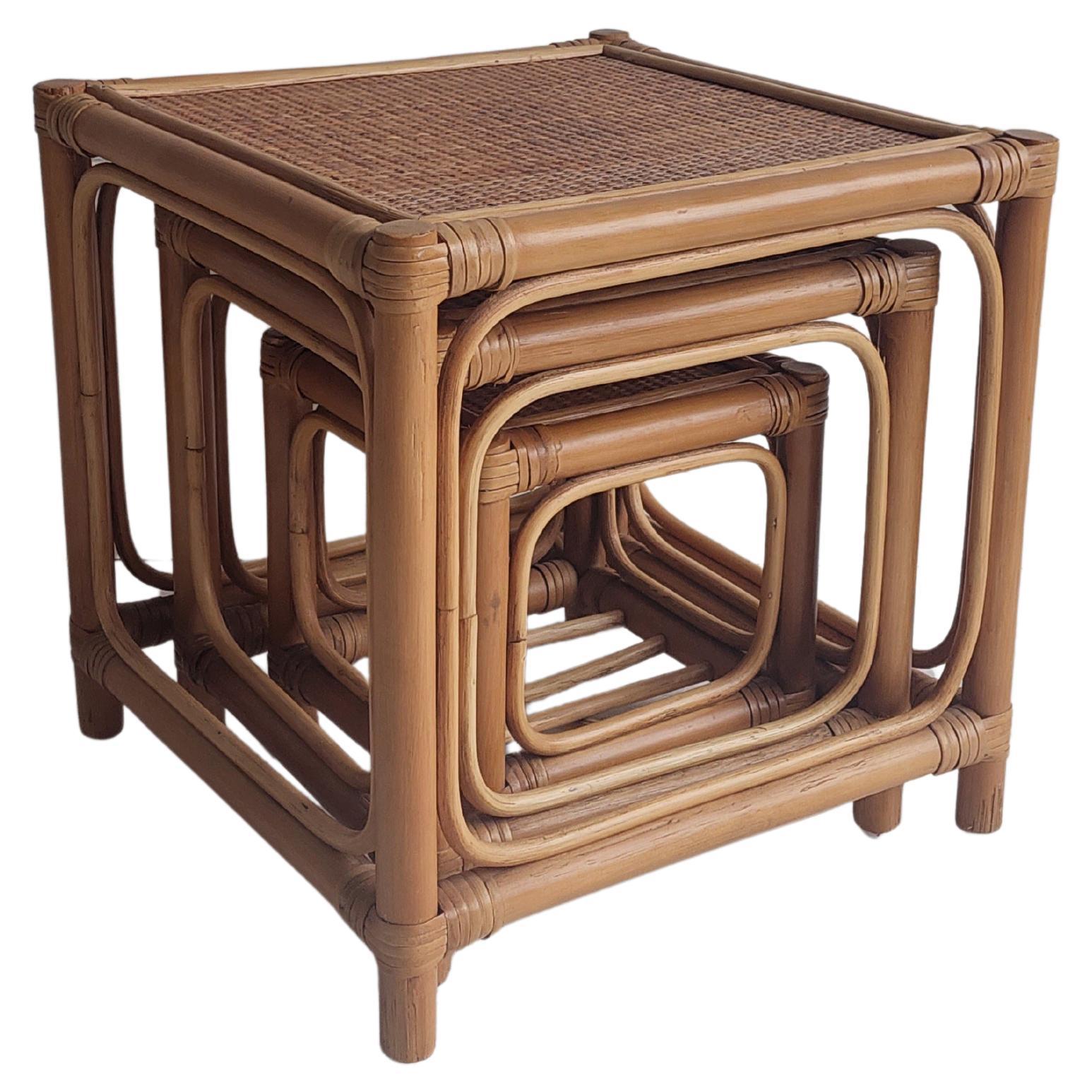 Mid Century Bamboo Cube Nest of Tables Rattan Cane, 196-70s