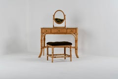 Midcentury Bamboo Dressing Table and Mirror, Stool Italian
