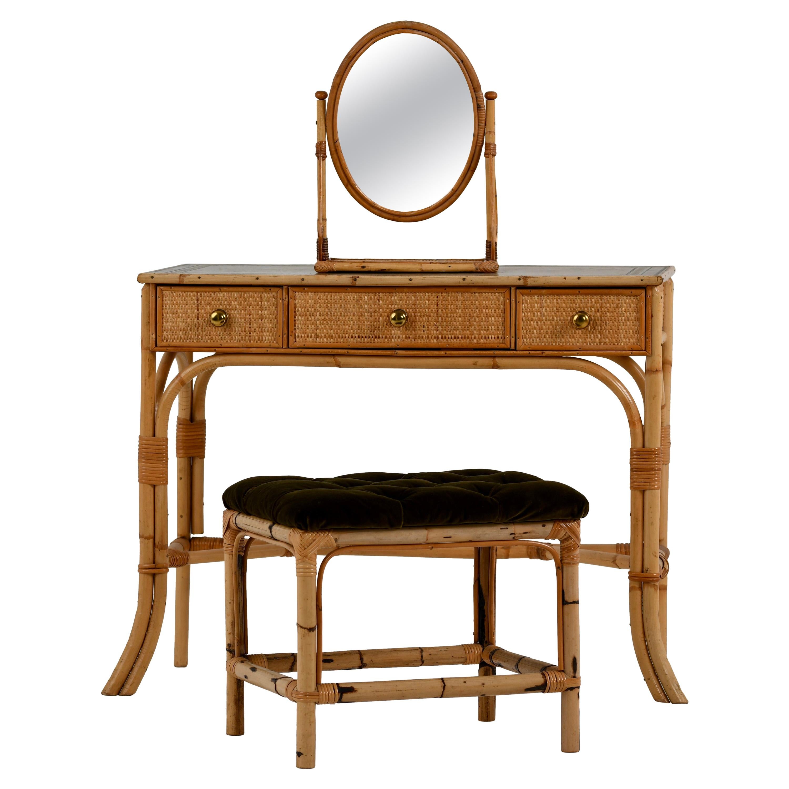 Midcentury Bamboo Dressing Table and Mirror, Stool Italian For Sale