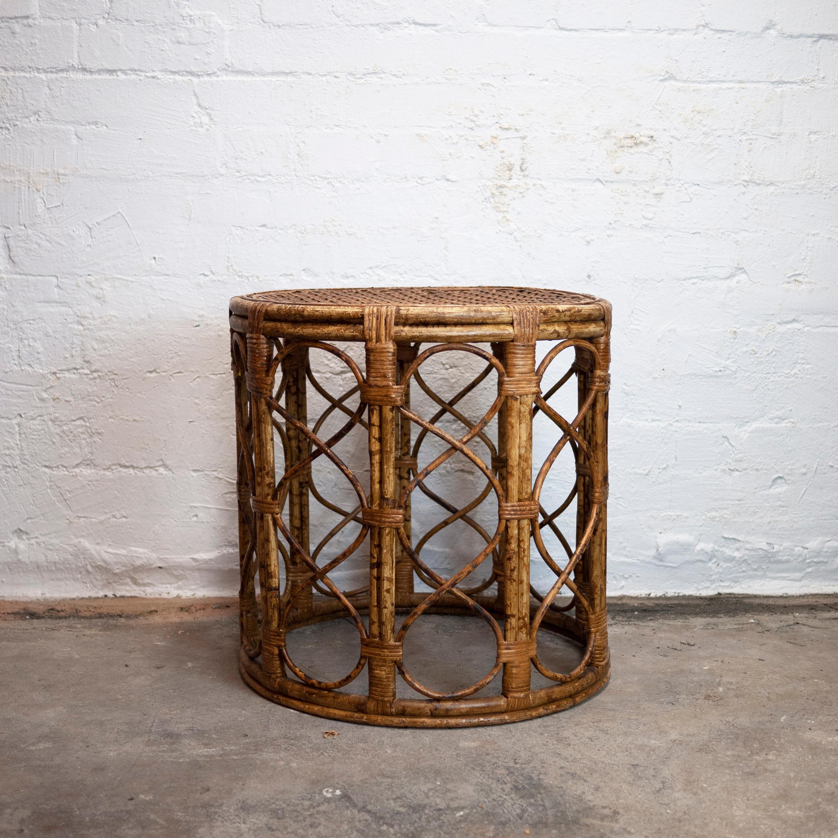 Mid-Century Bamboo Drum Side Table with Cane Top, 1960s 1