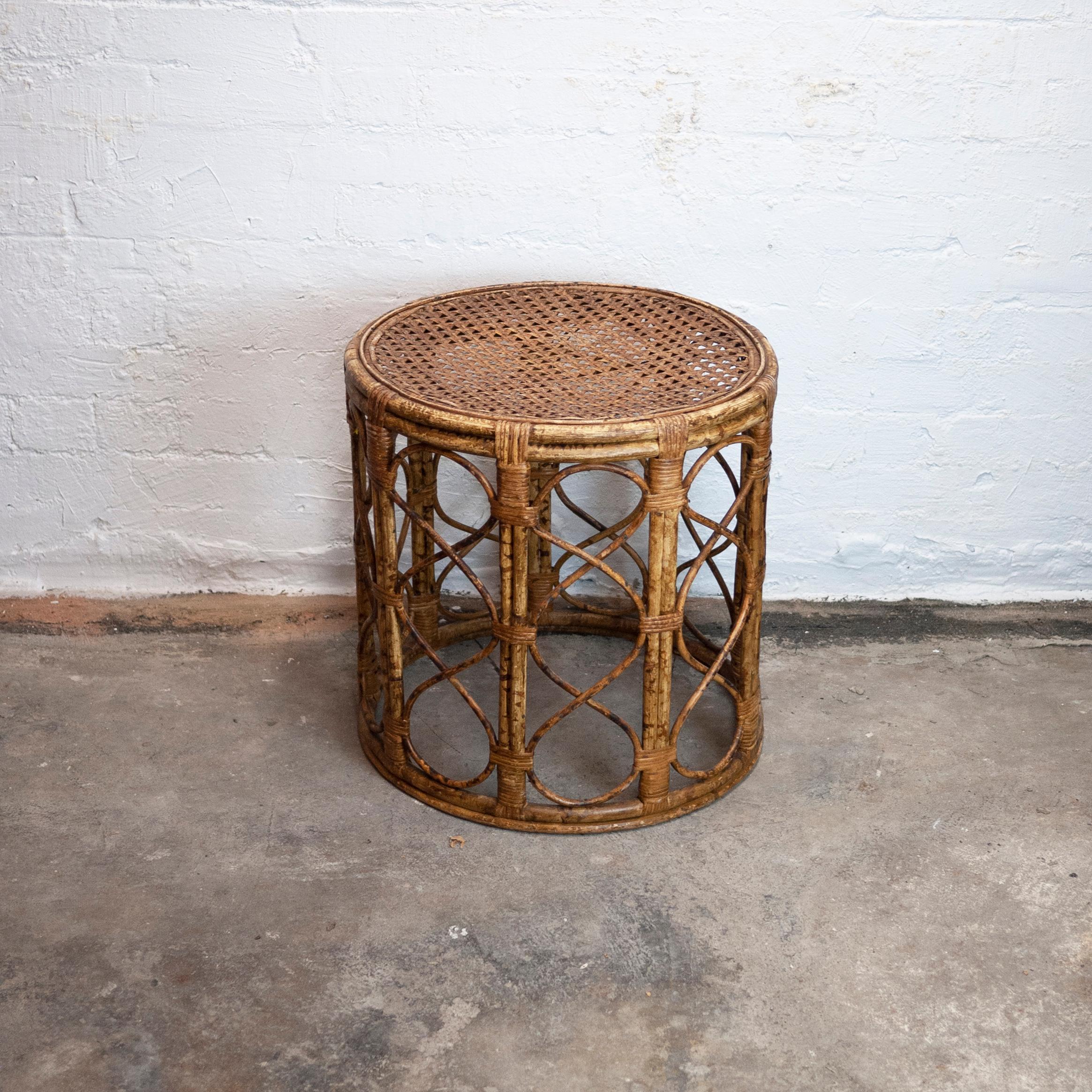 Mid-Century Bamboo Drum Side Table with Cane Top, 1960s 2