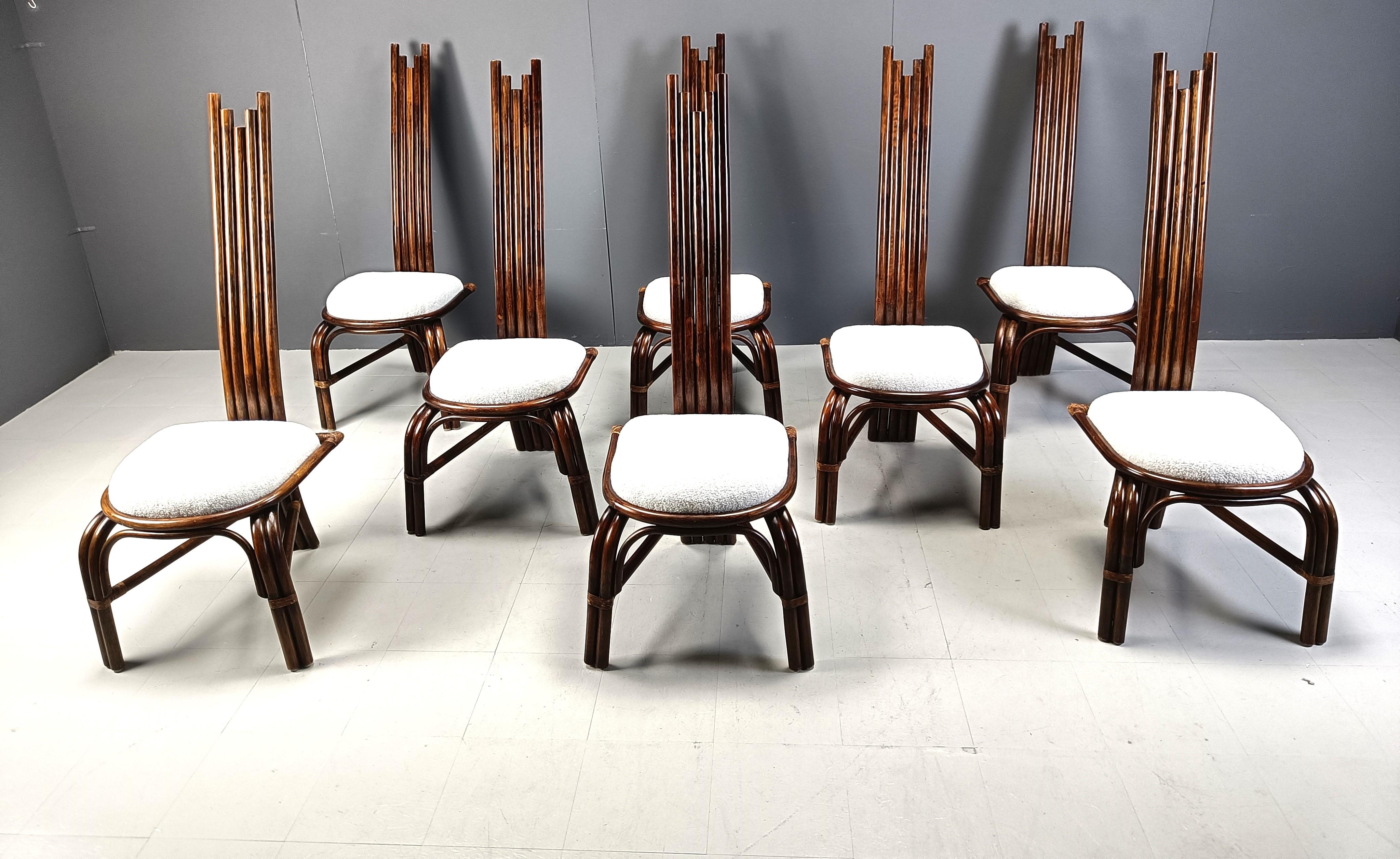 Unique post modern design high back bamboo dining chairs with freshly upholstered boucle fabric seats.

Striking design and large in size.

1960s - Italy

Dimensions:
Height: 142cm
Width: 55cm
Depth: 55cm
Seat height: 55cm

*Price is for the