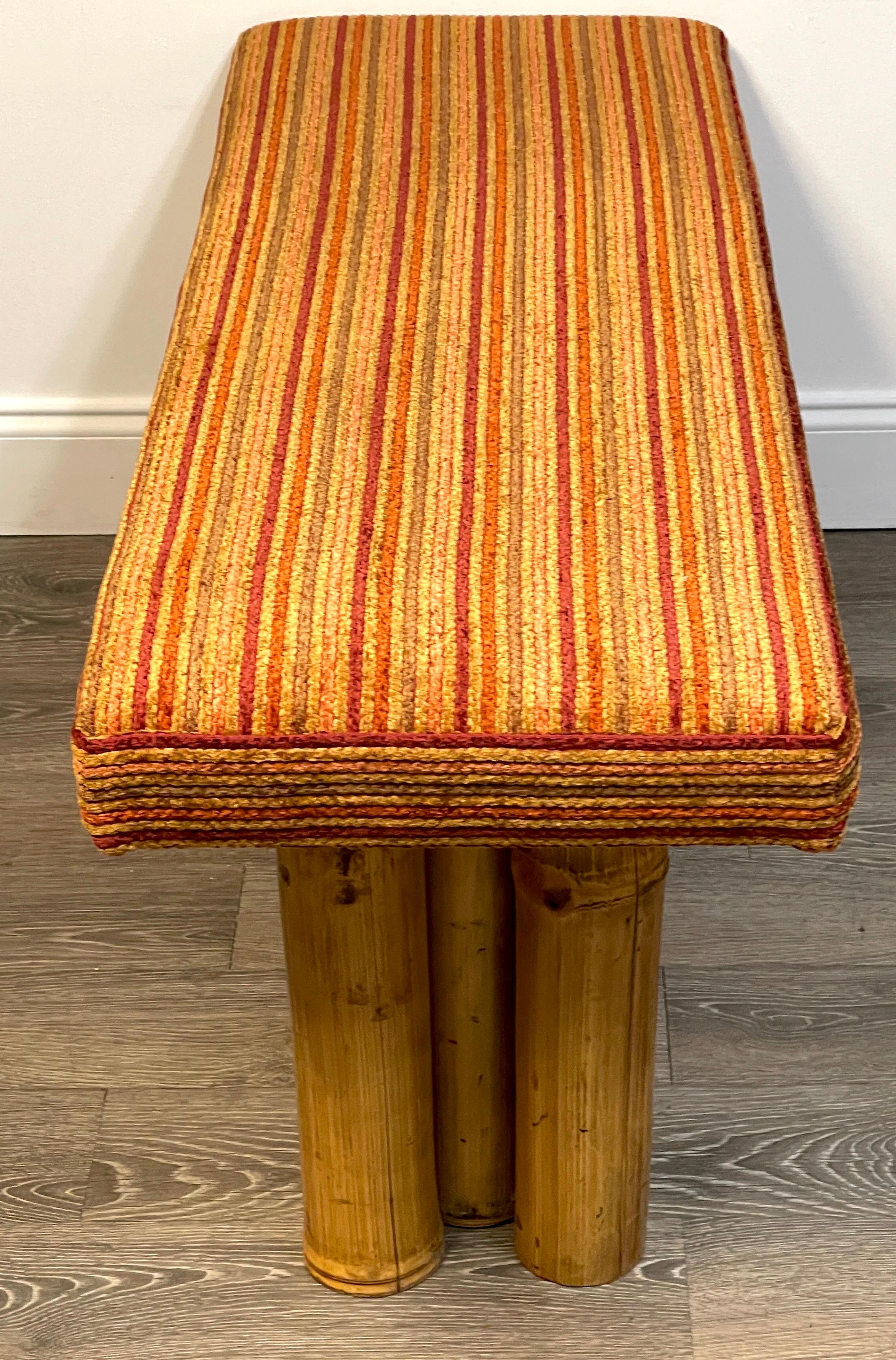 Bamboo Upholstered Long Bench, Circa 1950s In Good Condition For Sale In West Palm Beach, FL