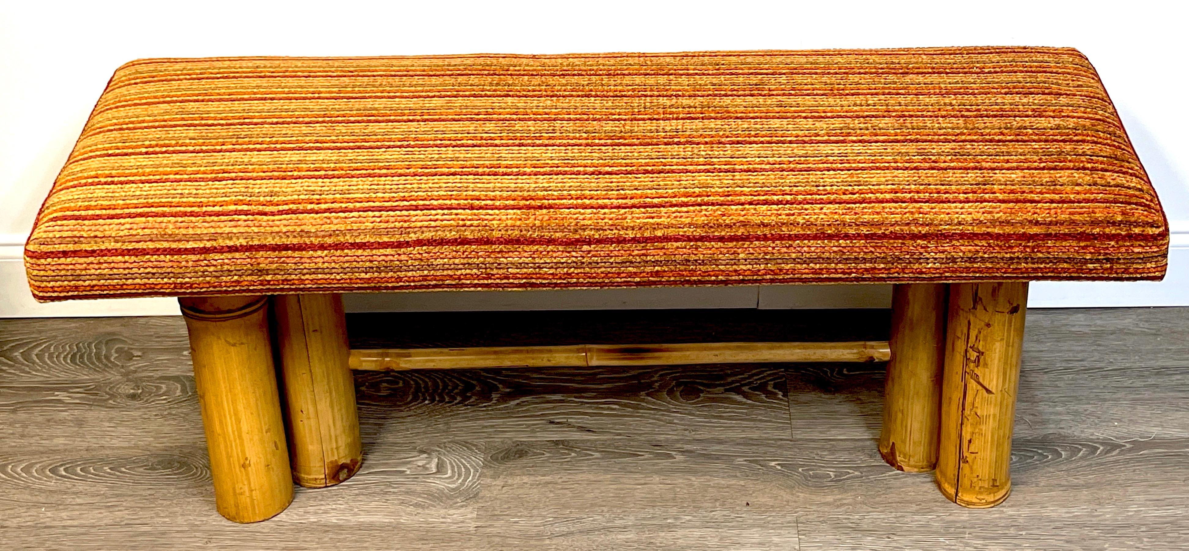Upholstery Bamboo Upholstered Long Bench, Circa 1950s For Sale