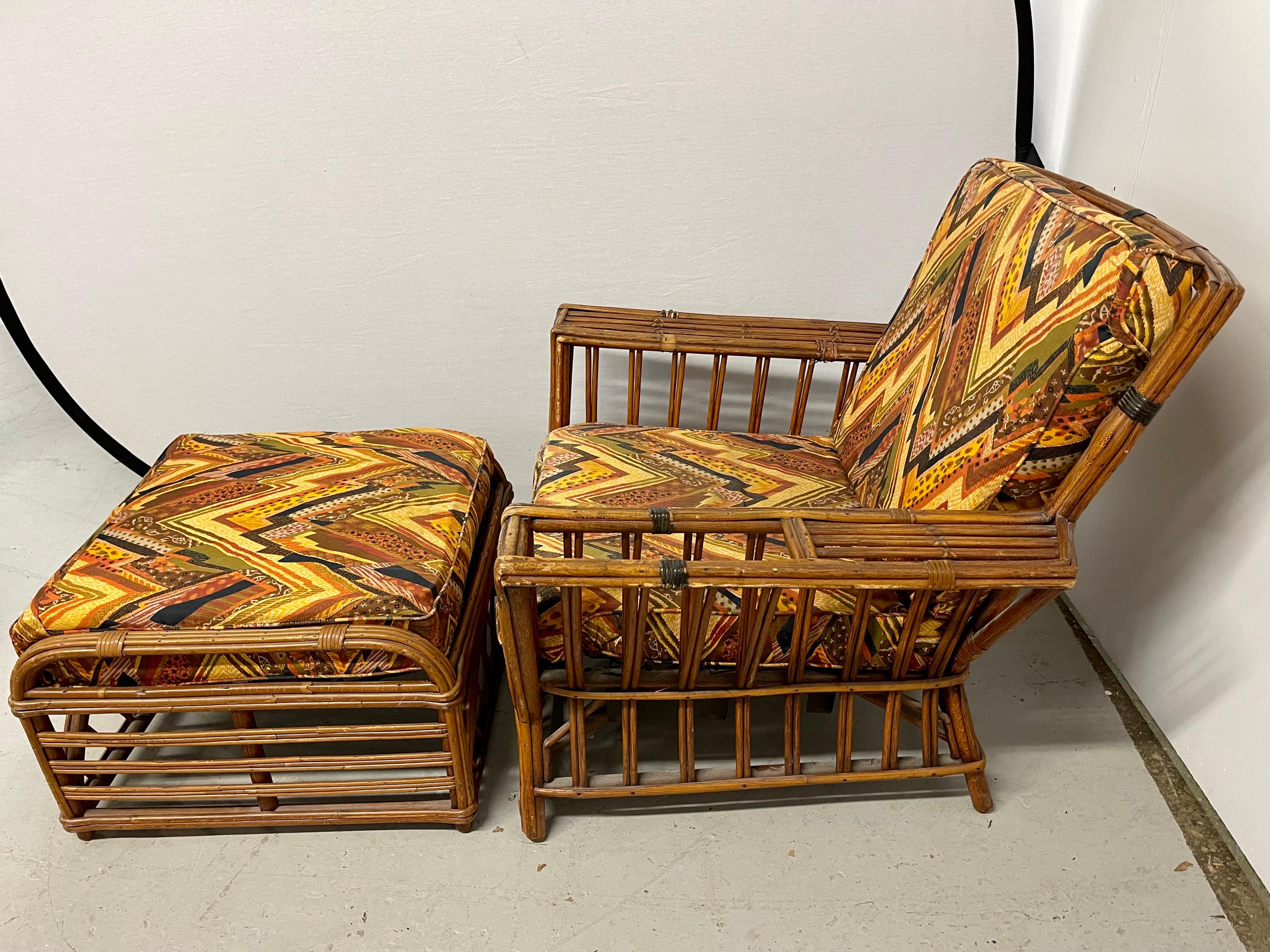 Mid-20th Century Mid-Century Bamboo Lounge Chair and Matching Ottoman with Built-In Magazine Rack