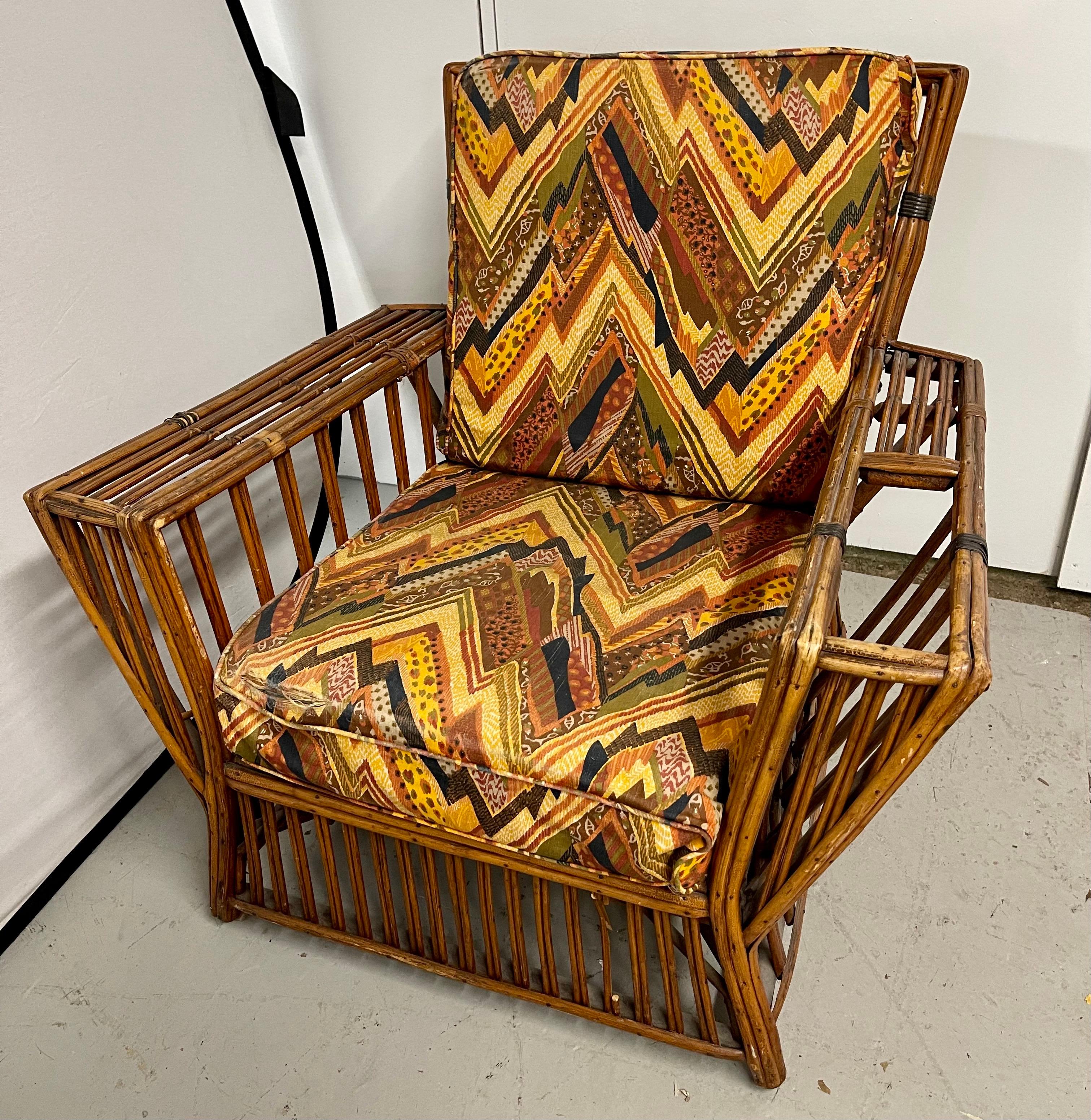Fabric Mid-Century Bamboo Lounge Chair and Matching Ottoman with Built-In Magazine Rack