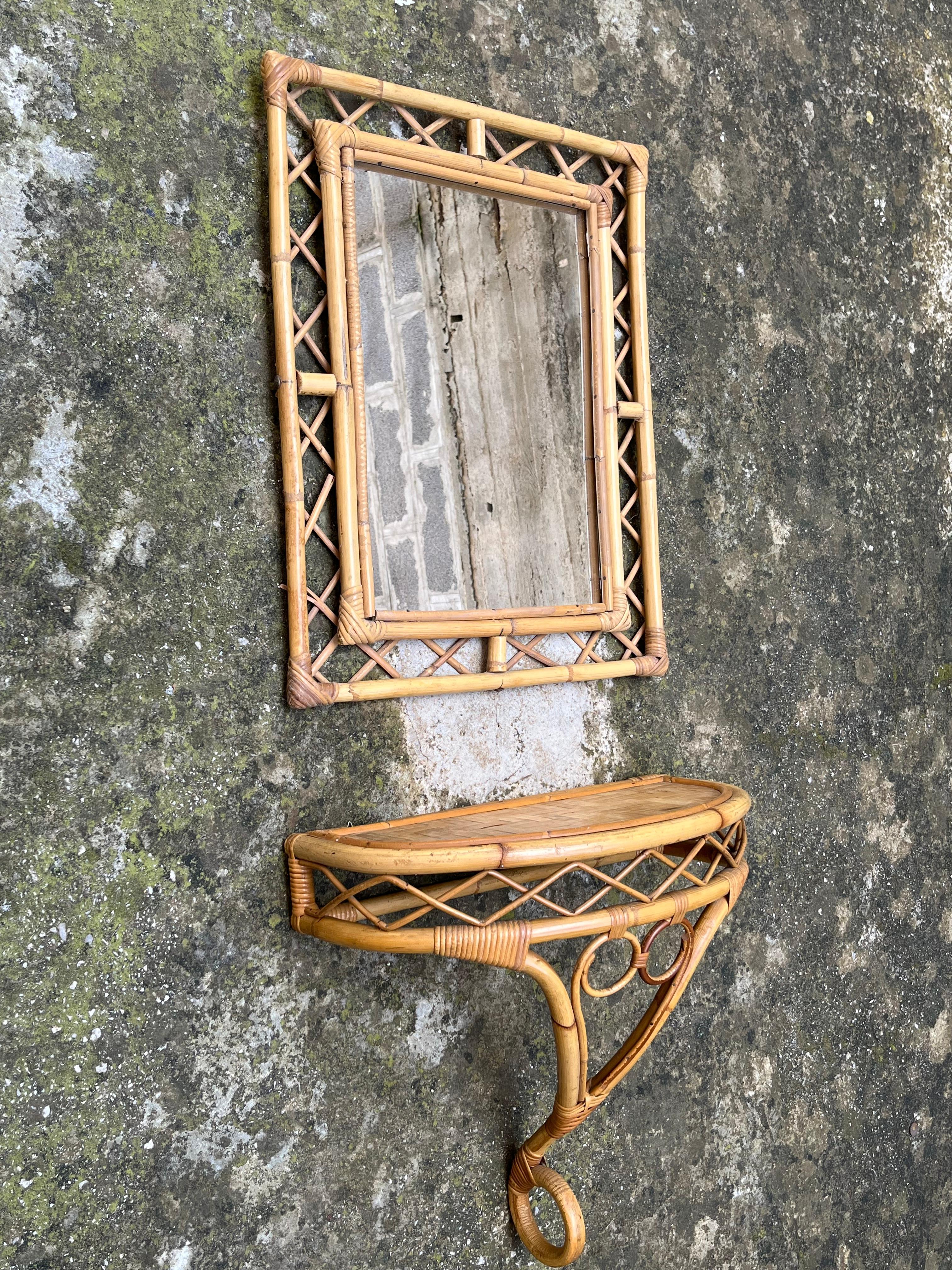 Mid-20th Century Mid-Century Bamboo Mirror and Console Attributed to Tito Agnoli, 1960s set of 2 For Sale
