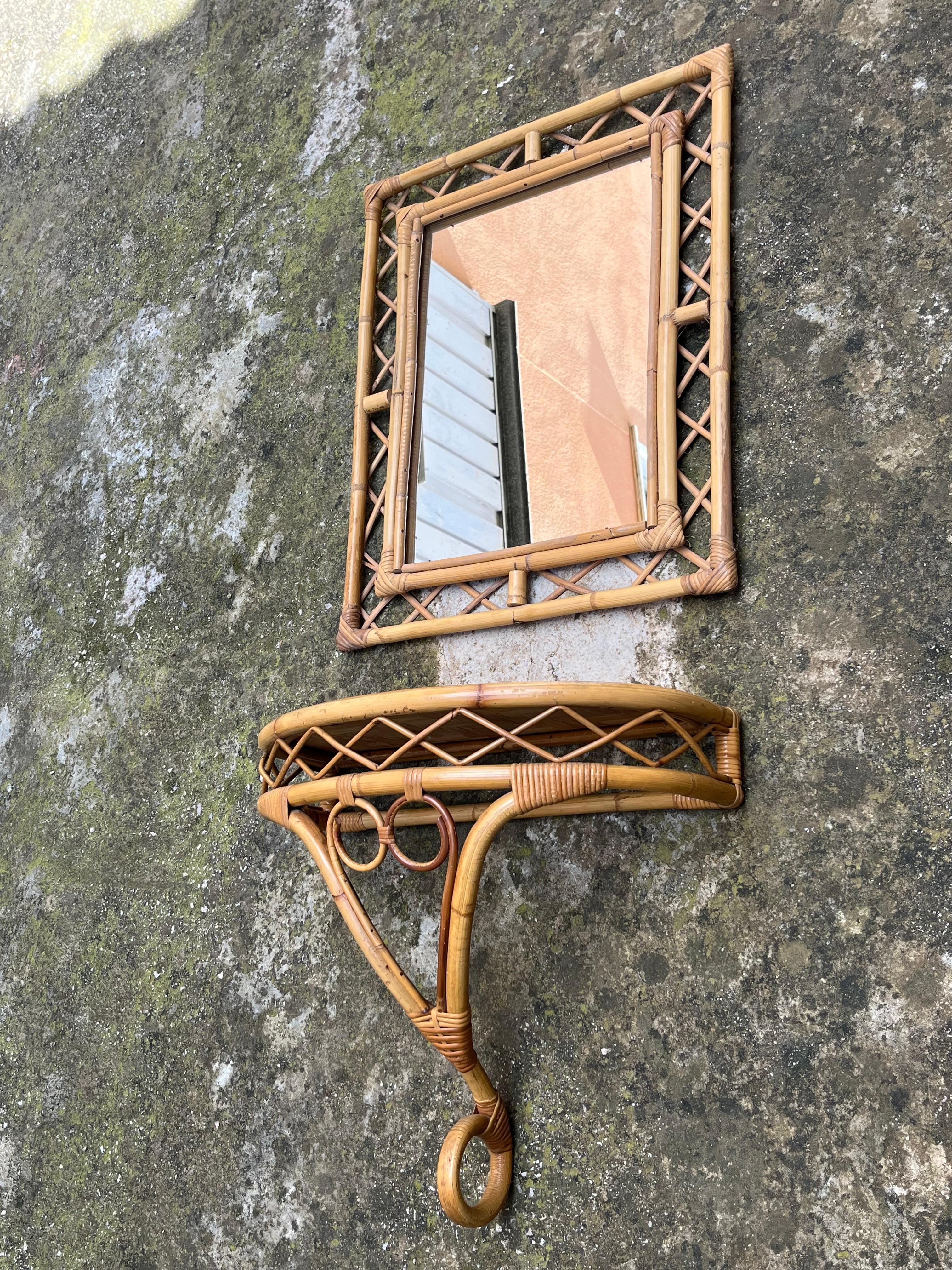 Mid-Century Bamboo Mirror and Console Attributed to Tito Agnoli, 1960s set of 2 For Sale 1
