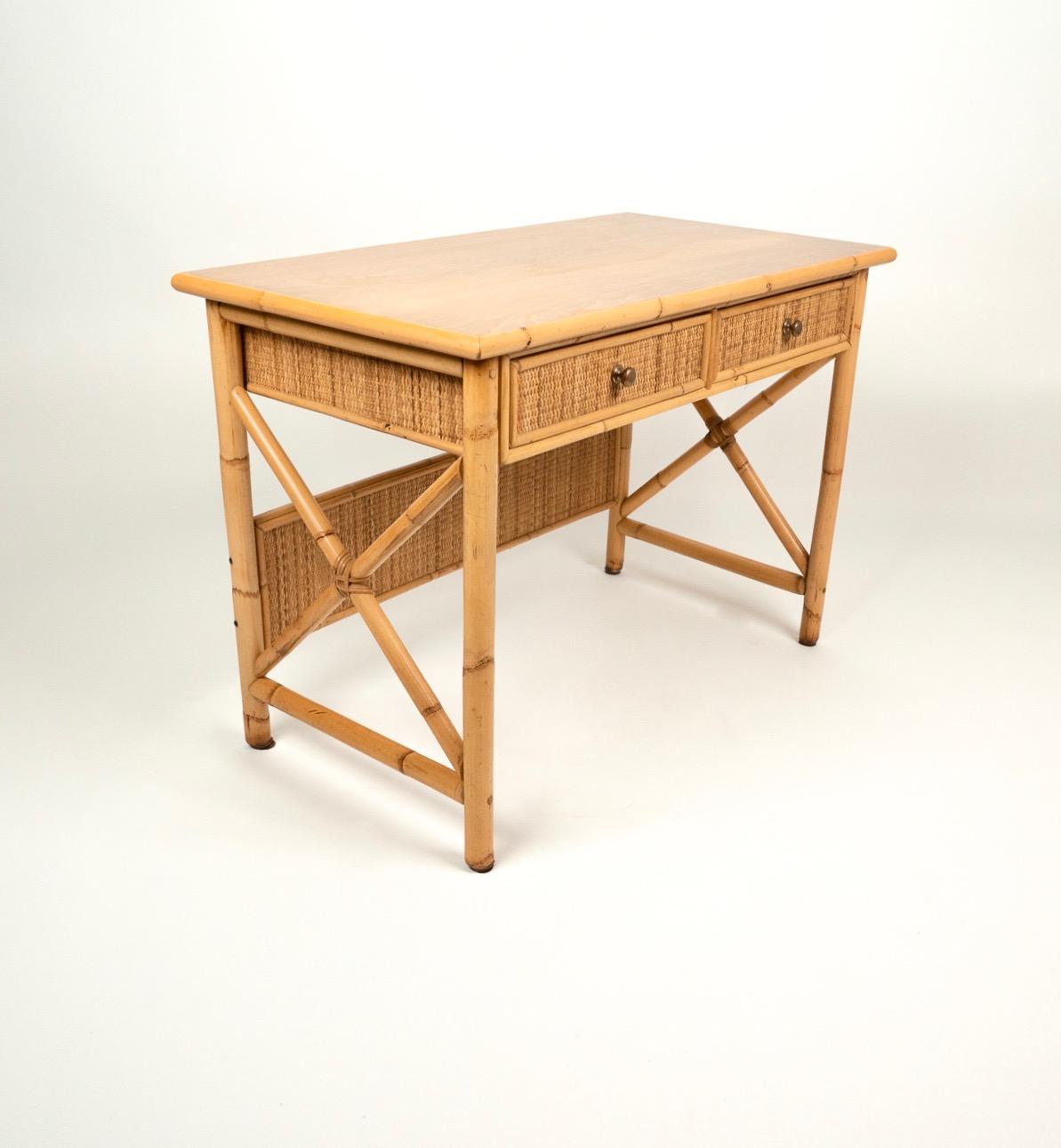 Mid-Century Modern Mid-Century Bamboo, Rattan and Wood Writing Table Desk with Drawers, Italy 1980s