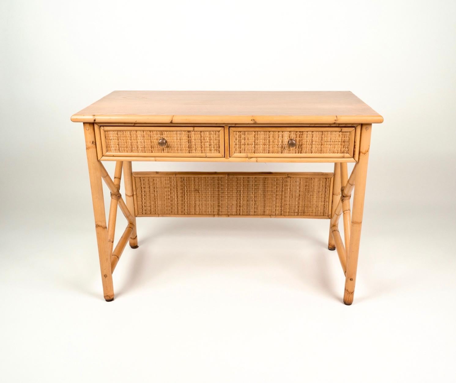 Italian Mid-Century Bamboo, Rattan and Wood Writing Table Desk with Drawers, Italy 1980s