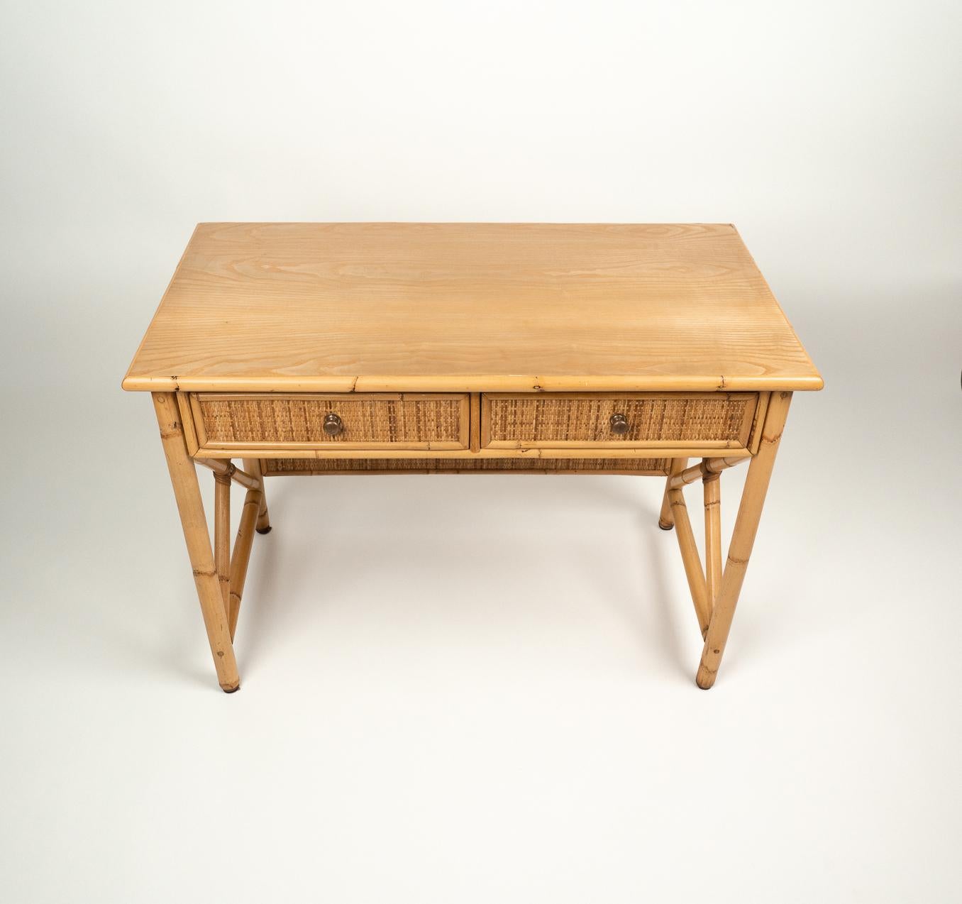 Mid-Century Bamboo, Rattan and Wood Writing Table Desk with Drawers, Italy 1980s In Good Condition In Rome, IT