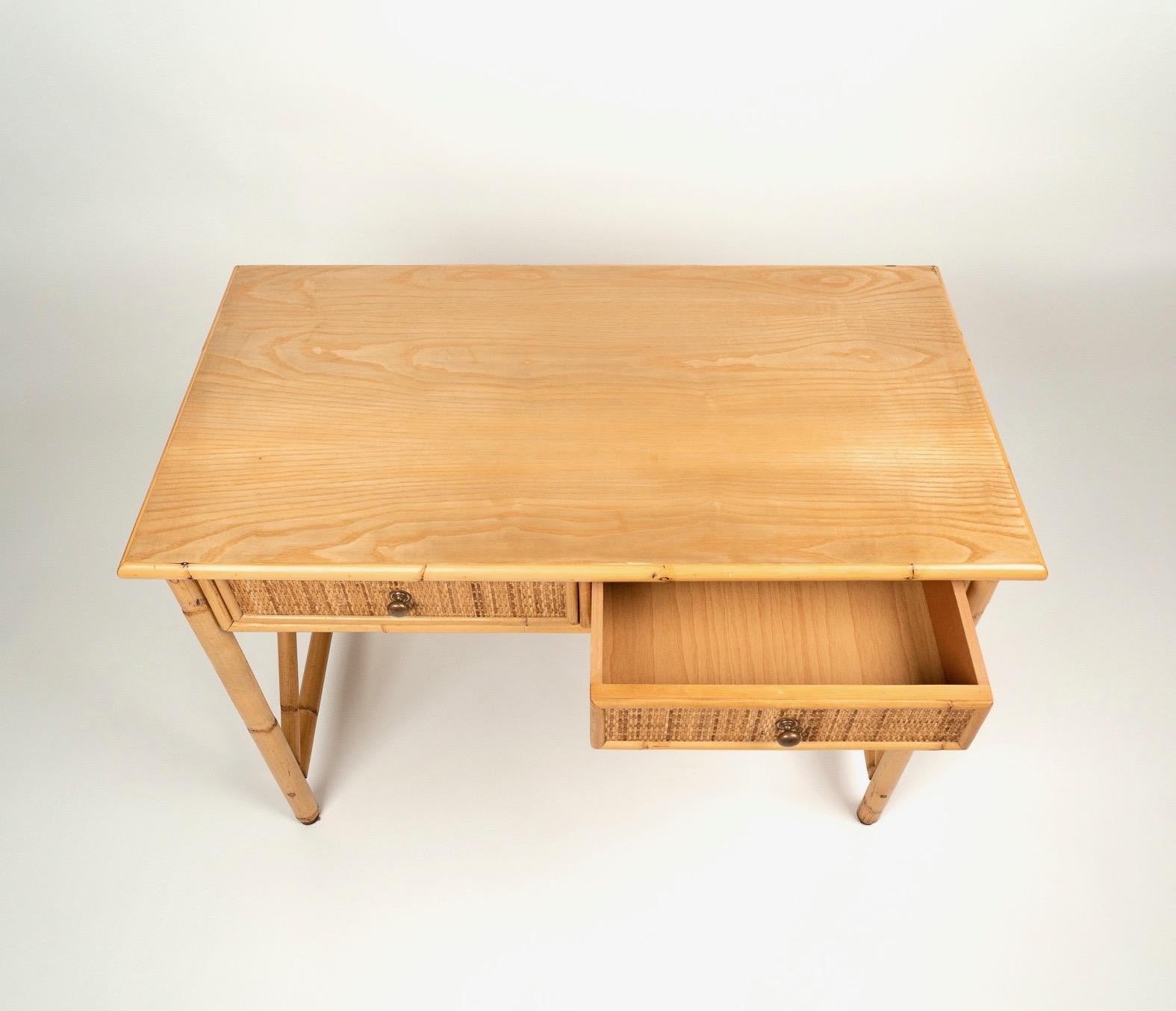 Late 20th Century Mid-Century Bamboo, Rattan and Wood Writing Table Desk with Drawers, Italy 1980s