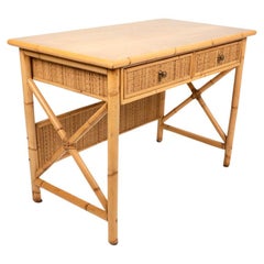 Mid-Century Bamboo, Rattan and Wood Writing Table Desk with Drawers, Italy 1980s