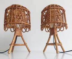 Mid-Century French Riviera Bamboo, Rattan & Cane Pair of Table Lamps, 1960s