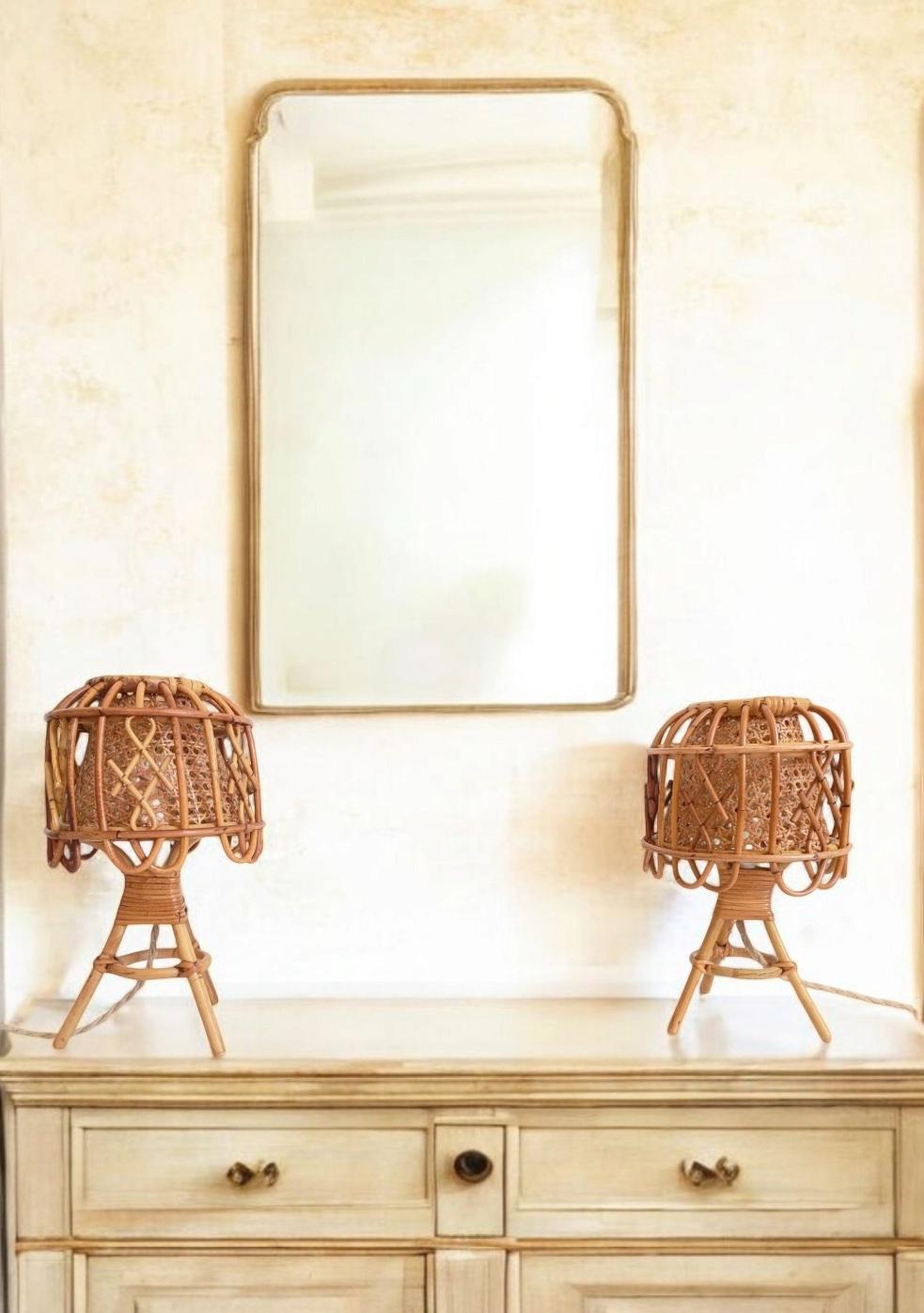 Mid-20th Century Mid-Century Franco Albini Style Bamboo, Rattan & Cane Table Lamps, 1960s For Sale