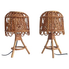 Mid-Century Bamboo, Rattan, Cane Louis Sognot Style Pair of Table Lamps, 1960s