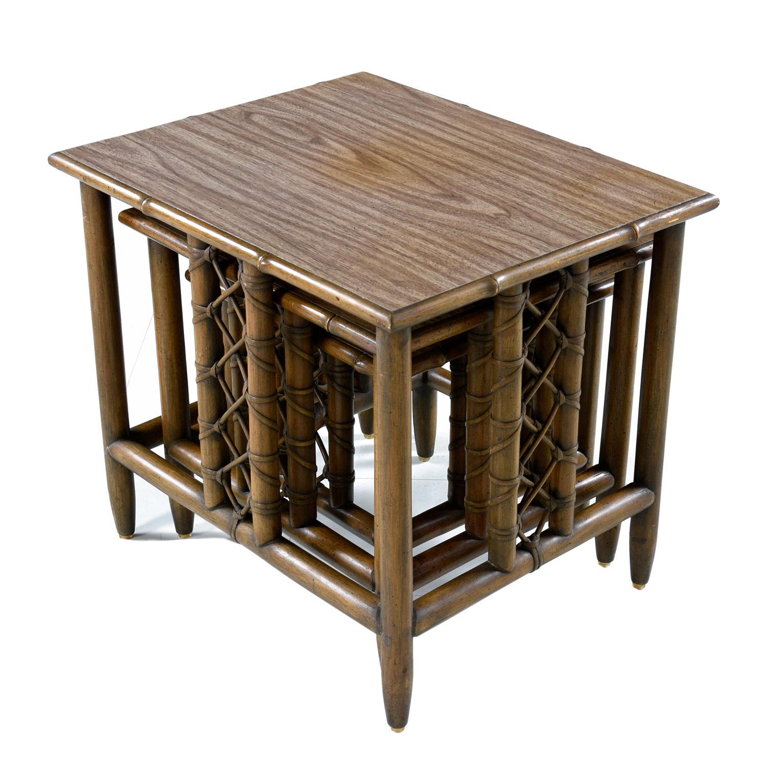 American Midcentury Bamboo Rattan Laminate Top Nesting Table, Set of 3