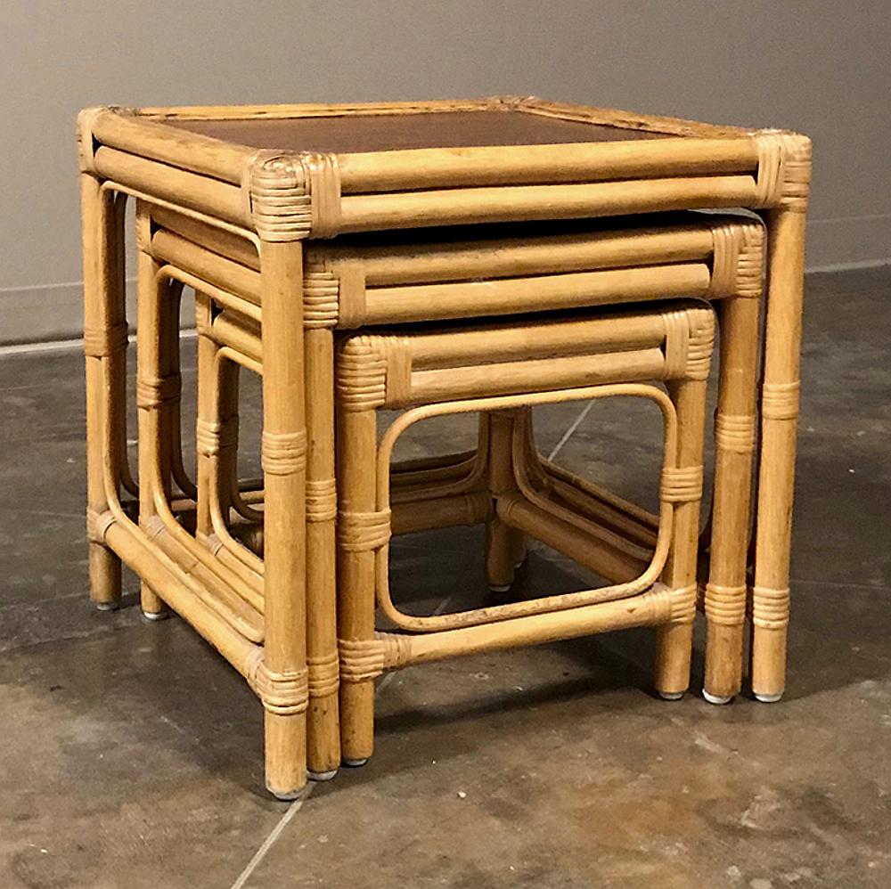 Midcentury bamboo and rattan nesting tables were made from bamboo and are perfect for a natural and fresh accent, giving you three end tables in the space of one! The tables nestle inside each other to save space when so required, yet provide three