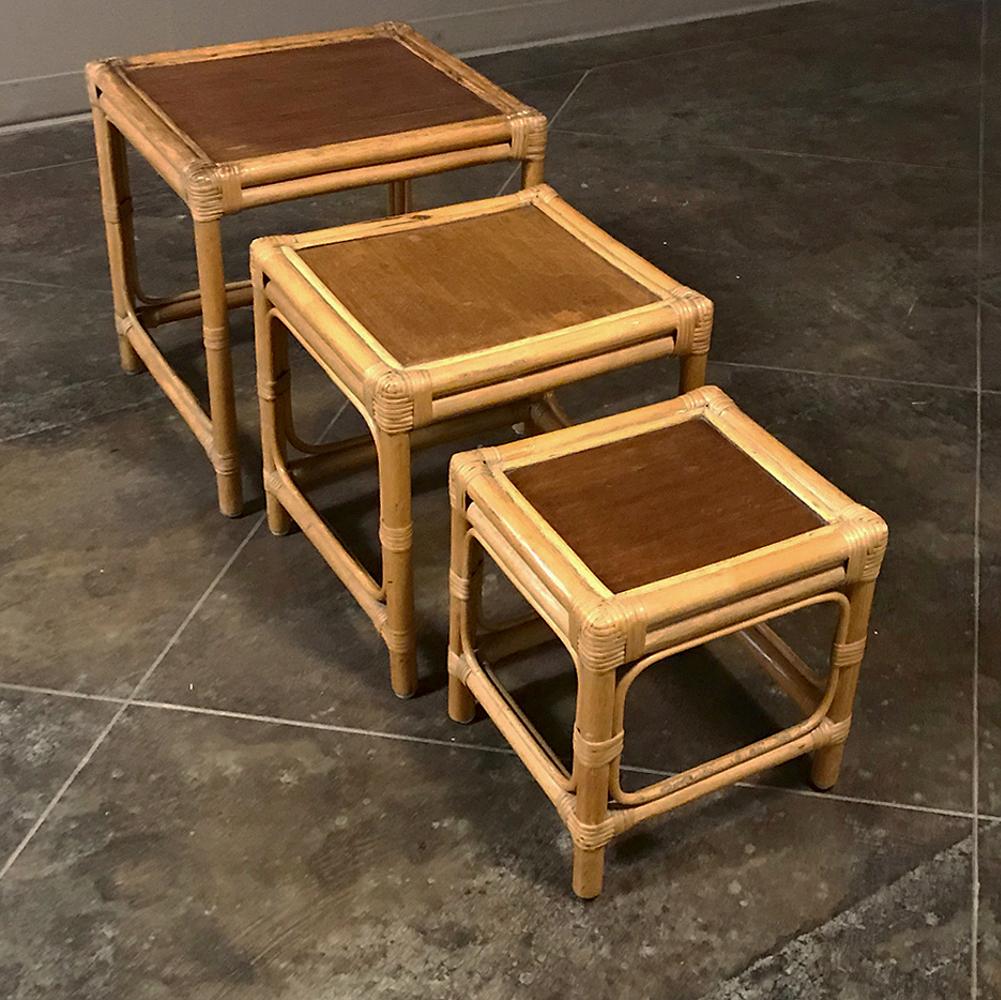 French Midcentury Bamboo and Rattan Nesting Tables For Sale